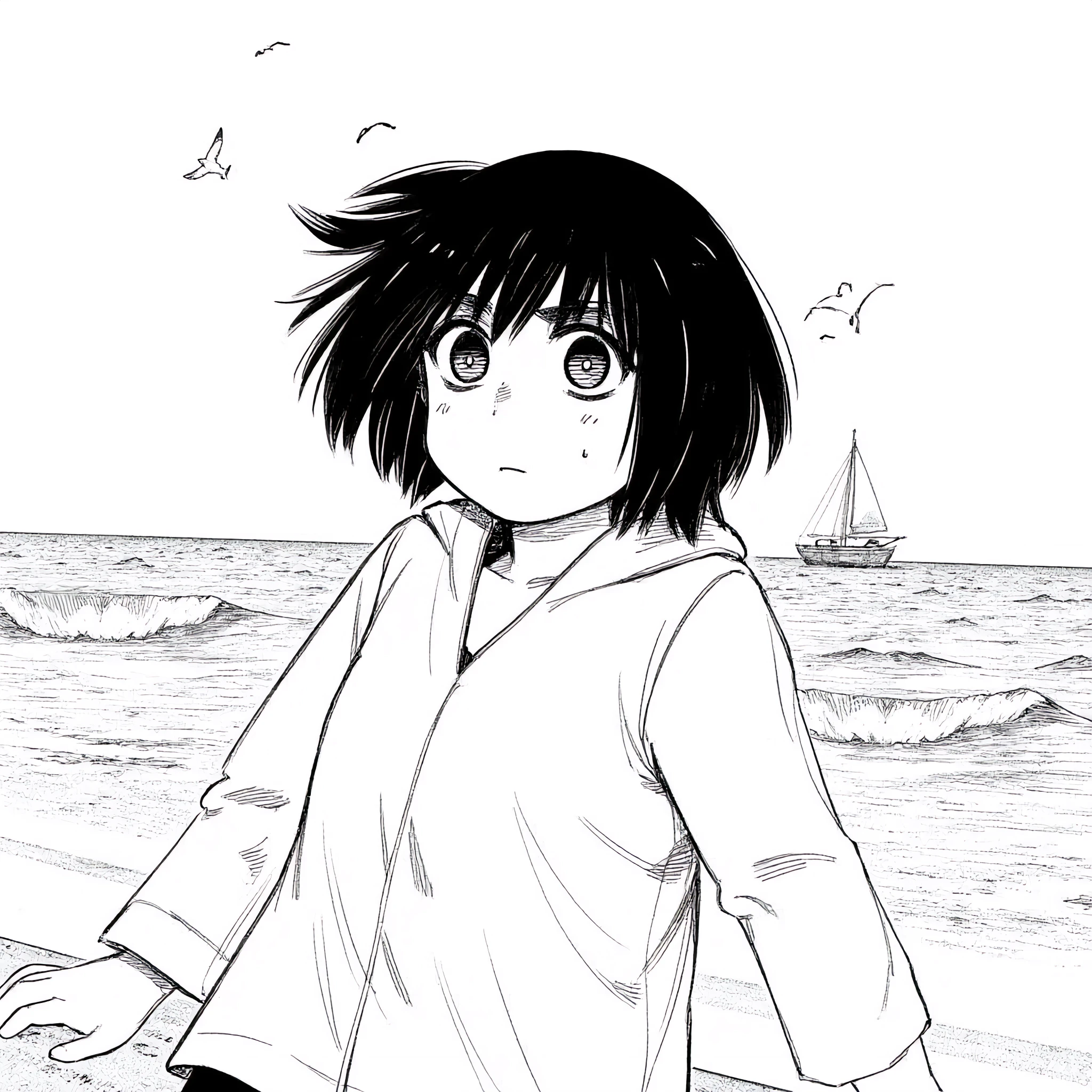A monochromic manga picture of Ely Otta with black hair. She is astonished and blusher. In the background there are waves scattering on a beach and seagulls flying in the sky.