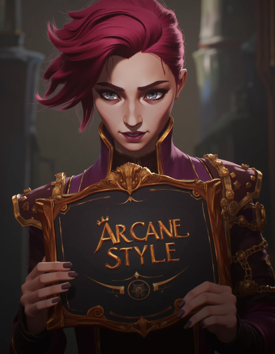 <lora:ARCANE_STYLE_FADOO-FLUX:1> arc4n3style, Portrait of  Girl steampunk hold panel with write:"ARCANE STYLE"âââ