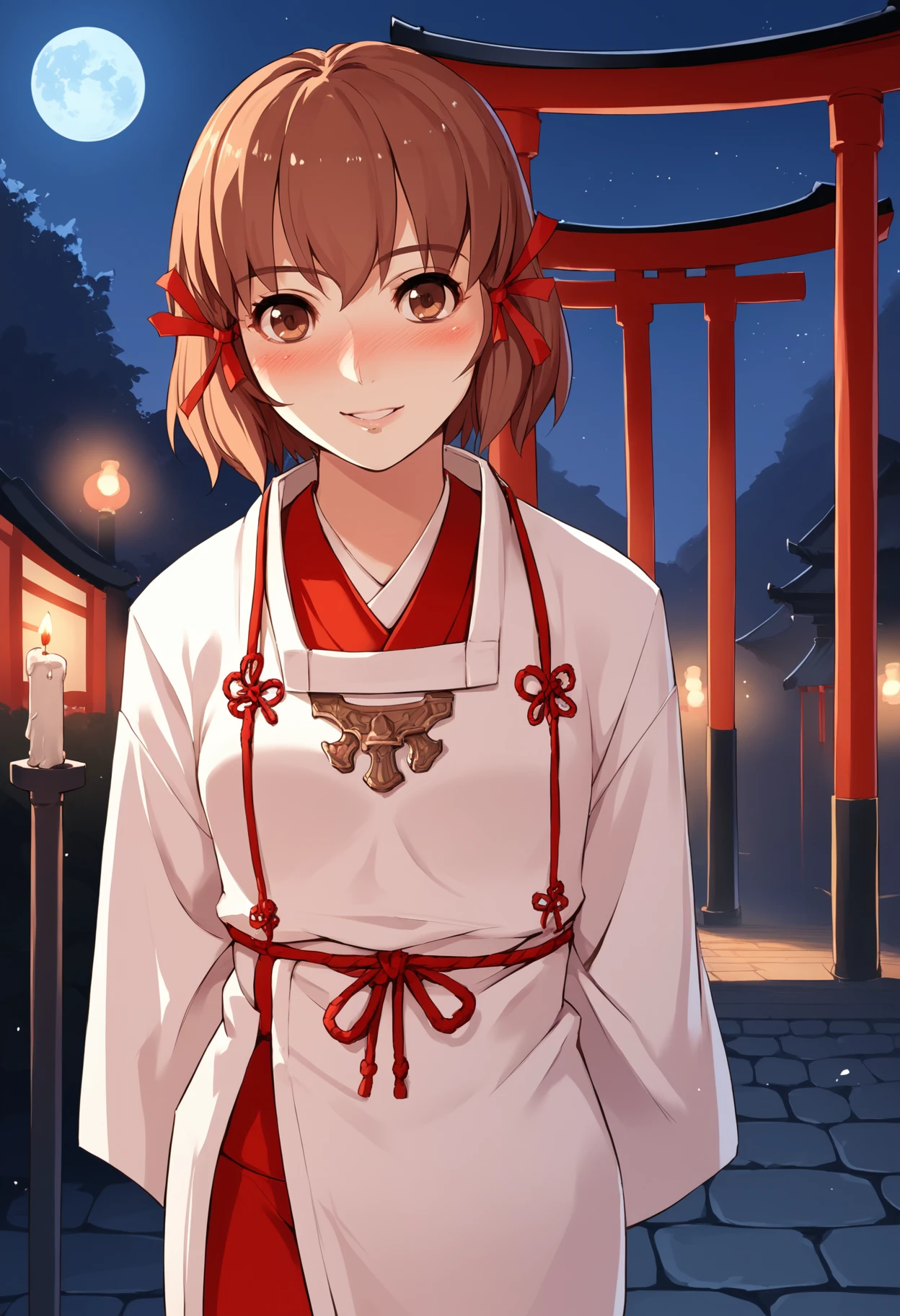 score_8_up, score_7_up, source_anime BREAK 1girl, solo,  <lora:minahakuba-sh-richy-v1_pdxl:1> minahakuba, brown eyes, brown hair, short hair, hair ribbon, red ribbon, japanese clothes, miko, smile, blush, looking at viewer, torii, candle, dark, darkness, night, night sky, arms behind back,