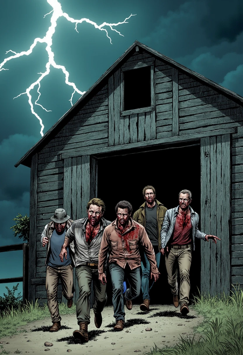 Under a stormy night sky, a group of infected emerges from an old, abandoned barn, drawn in bold, shadowed strokes. Their faces are deeply etched with exaggerated lines, highlighting every wrinkle and scar, and their clothes are ragged, with ink-splattered shading emphasizing dirt and blood. Thunder and lightning provide dramatic, moody backlighting in true Western graphic novel style.