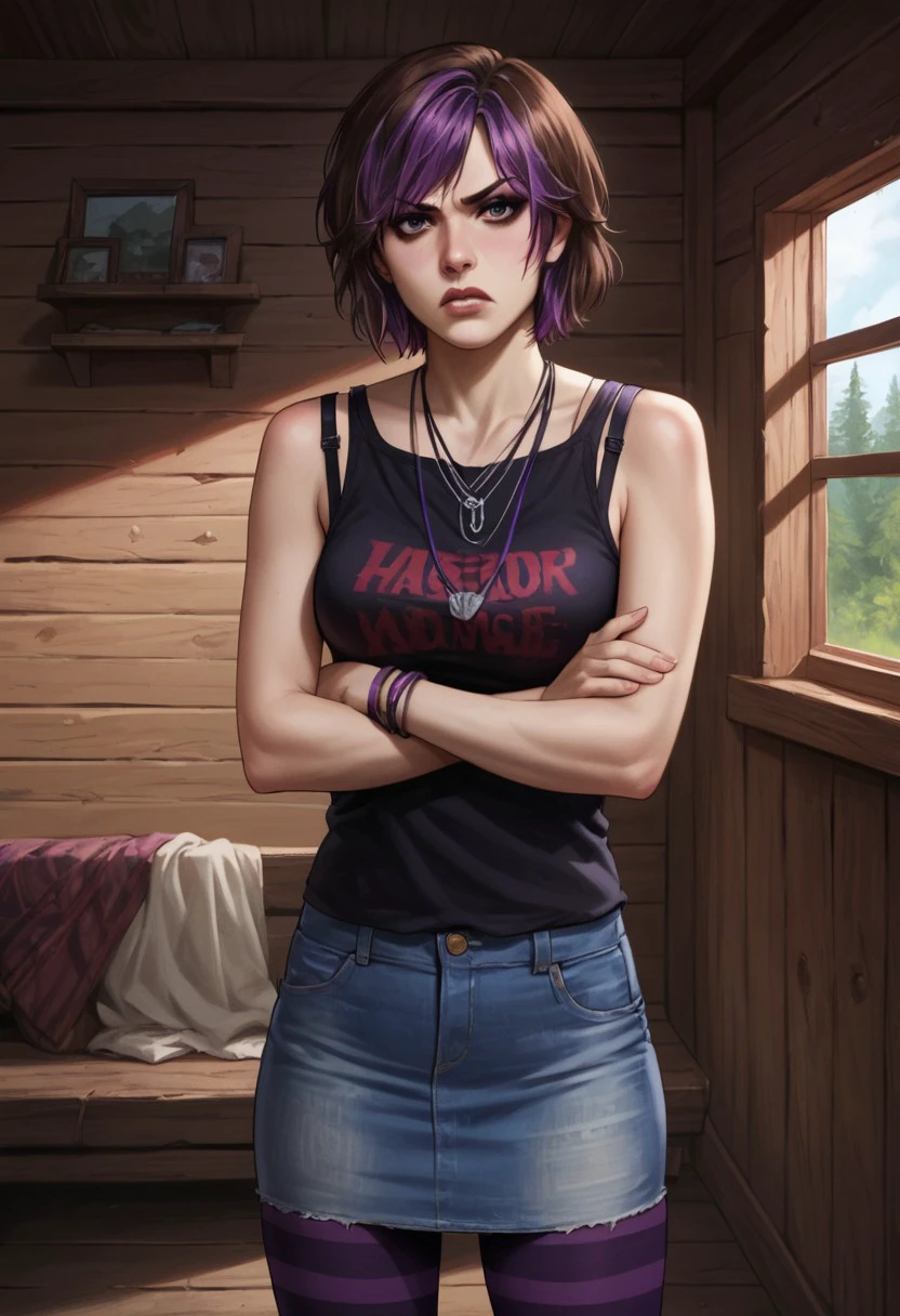 score_9, score_8_up, score_7_up, score_6_up, source_realistic, cowboy shot, BREAK glaring, 1girl, solo, ajmason, short hair, two-tone hair, purple hair, brown hair, makeup, tank top, bra strap, necklaces, bracelets, arms crossed, denim skirt, striped leggings, cabin, interior,