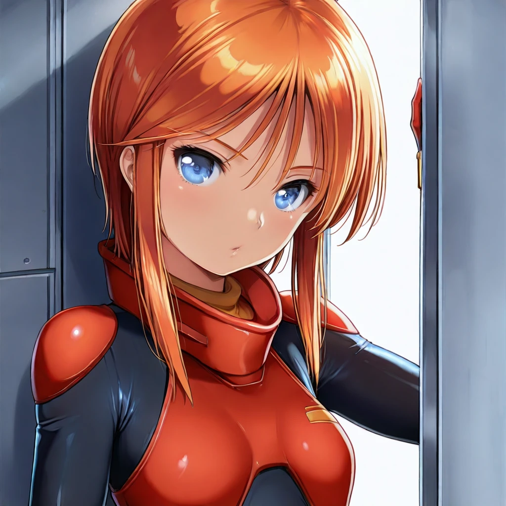 masterpiece, best quality, ultra detailed, highres, 1girl,solo, <lora:pletwo_ill:1> ple-two, orange hair, sidelocks, short hair, blue eyes, hair between eyes, bodysuit, pilot suit, skin tight, gloves,upper-body