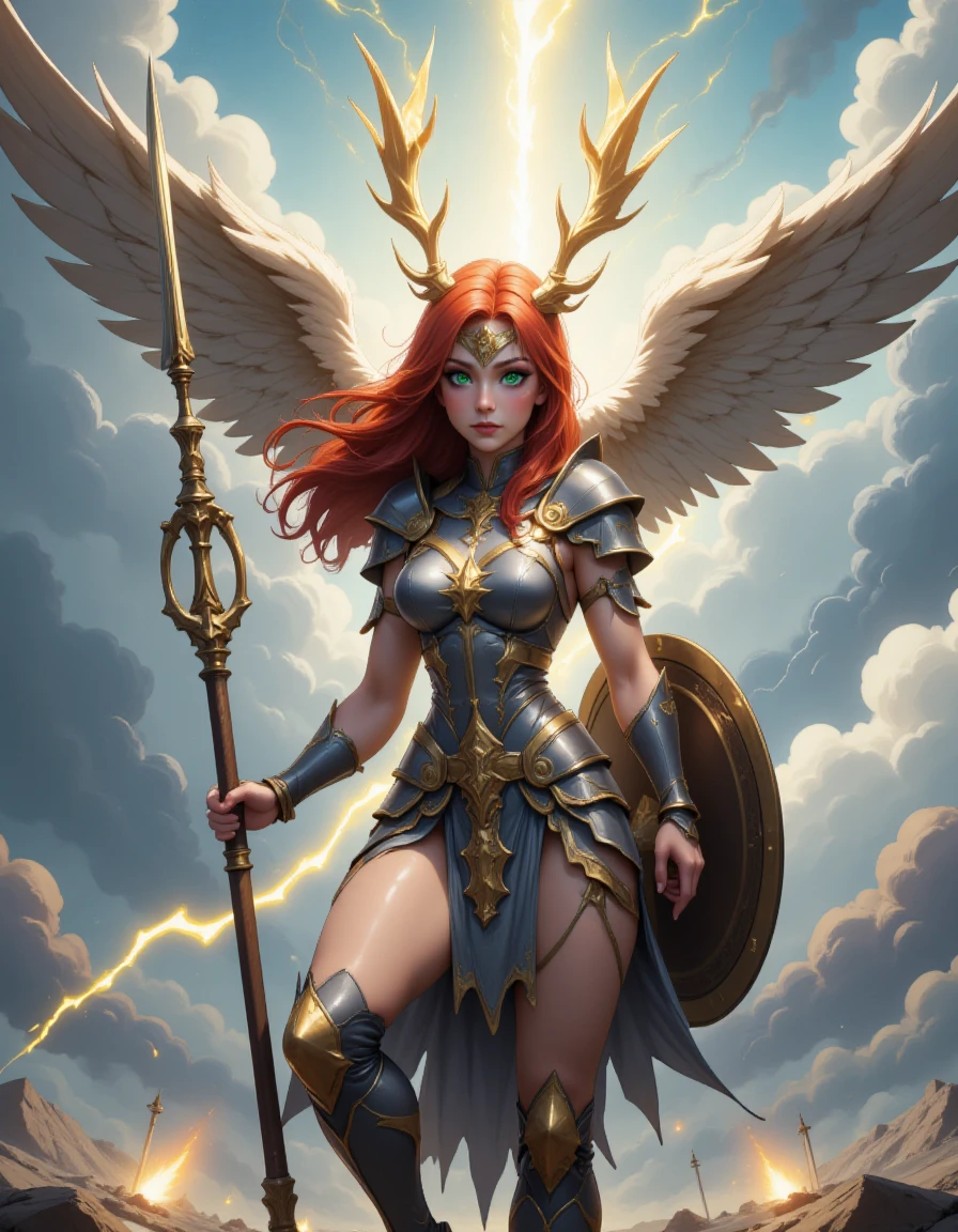 anime style, A striking red-haired Valkyrie with long, flowing hair, dressed in ornate silver and gold armor adorned with intricate Norse patterns. She has large, majestic wings resembling those of an eagle, with a mix of white and golden feathers. Her piercing green eyes reflect determination and mystical power. She stands confidently in a dramatic pose, holding a glowing spear in one hand and a round shield in the other. The background features a stormy sky with thunderclouds and lightning, hinting at a battlefield below. The scene is filled with a sense of ancient magic and epic Norse mythology.  <lora:BStyle:1> bstyl3