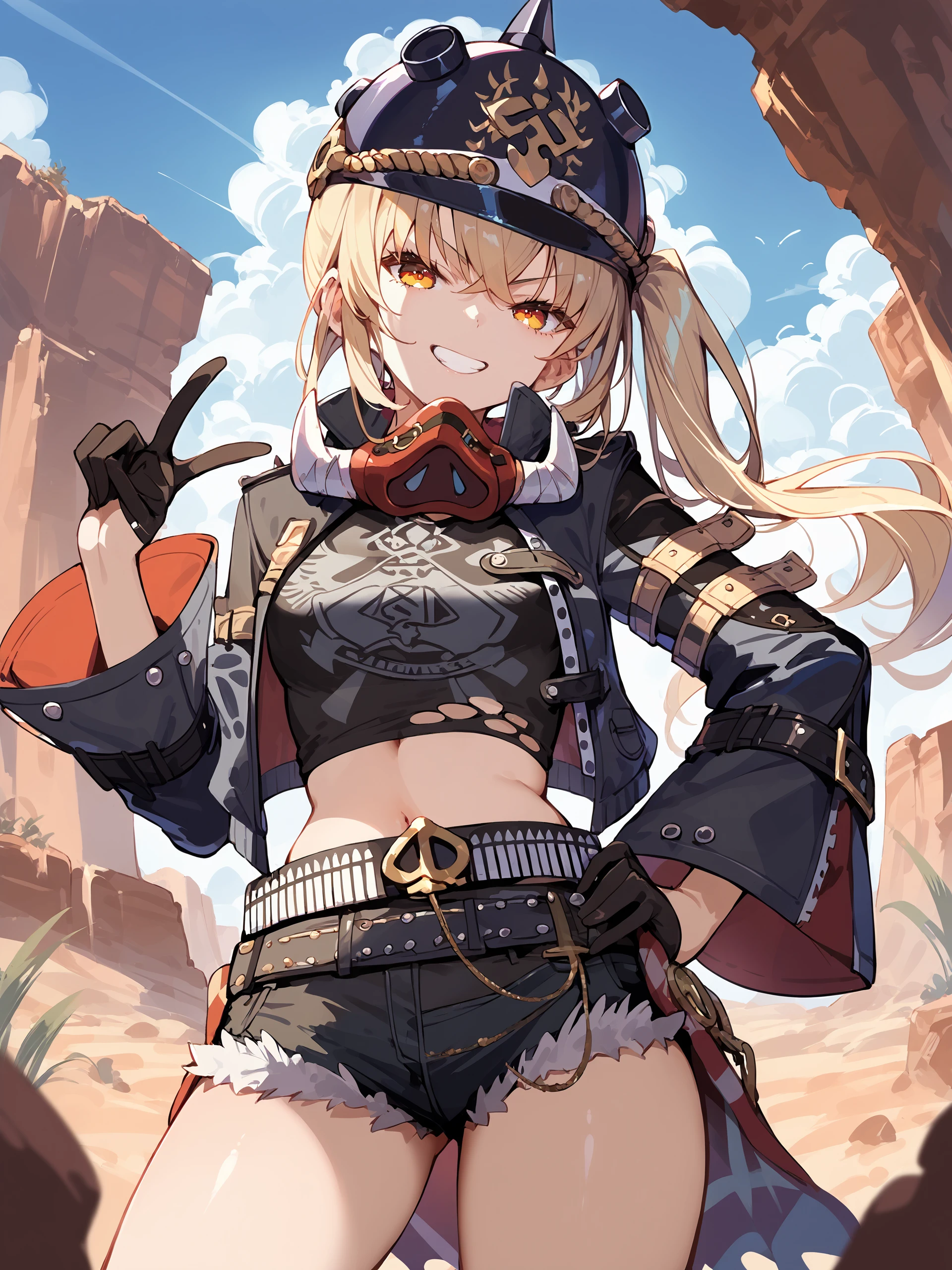 1girl, luciana de montefio, side ponytail, black helmet, cutoffs, half gloves, high belt, cropped jacket, mask around neck, black camisole, sarong, cowboy shot, standing, grin, v-shaped eyebrows, looking at viewer, hand on hip, outdoors, desert <lora:Char-ZZZ-Lucy-Pony-V1:0.9>, score_9, score_8_up, score_7_up, source_anime