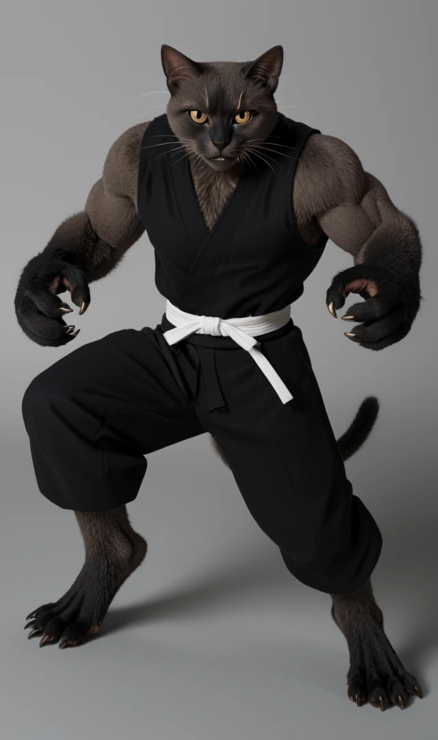 a humanoid black tortoishell cat samurai with long fur and wearing yoga pants, ninja, sleeveless, furry, anthro, bare feet, cat paws, furry human hands, anthro hands, anthro face, grey fur with white patches, cat fur, ((long fur)), (tousled fur), stoic expression, black and gold samurai armour, black and gold Å-yoroi, samurai greatsword, Ådachi sword, large fangs, claws, long fur on cheeks, (fur covered body), furry body, furry face, cat face, fluidartstyle, VtmArt, sketch, c0l0urc0r3, cute, bright colours, action pose, karate pose, dynamic angle, simple background, (strong), powerful build, small ears. well defined outlines, sharp claws, defined muscles, toned body, shading, shadows,