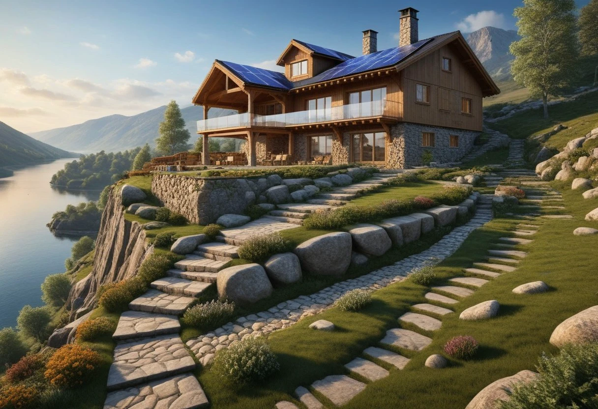 ultra-realistic image with high resolution and stable focus correct and accurate anatomy, correct and accurate objects, perfect detail, in the architectural style of a family house built of stone and wood merging with nature, designed for ecological neutrality of natural materials, in the mountains, forest ,garages,wide porch,outbuildings,table chairs,barbecue,fire pit,swimming pool,cut into the rocks,grass roof,steps,stone path,waterfall,lake,river,ultra realism,photo realism,single story,multi story,slope, wind generators,solar panels,sunset,birds in the sky,winter season,fabulous winter landscape,close up