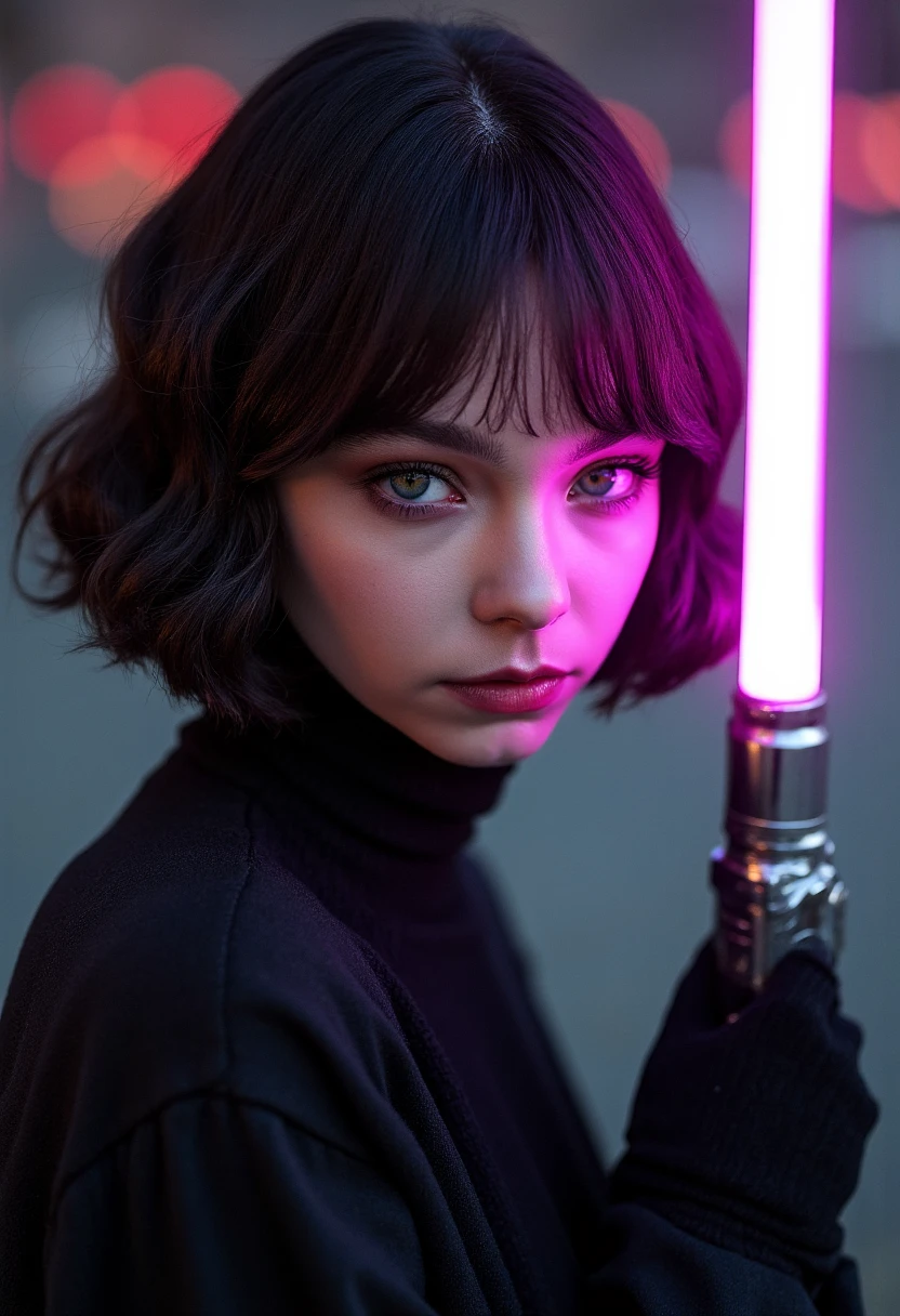 cgi render of a goth woman with short black hair holding a lightsaber to her face