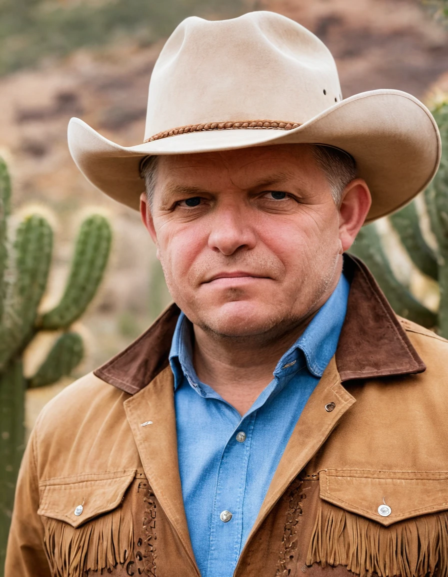 closeup photo, rfico man as cowboy, wearing hat, desert, cactuses, cowboy jacket, half body portrait, outdoor, looking to camera <lora:rfico:0.8>