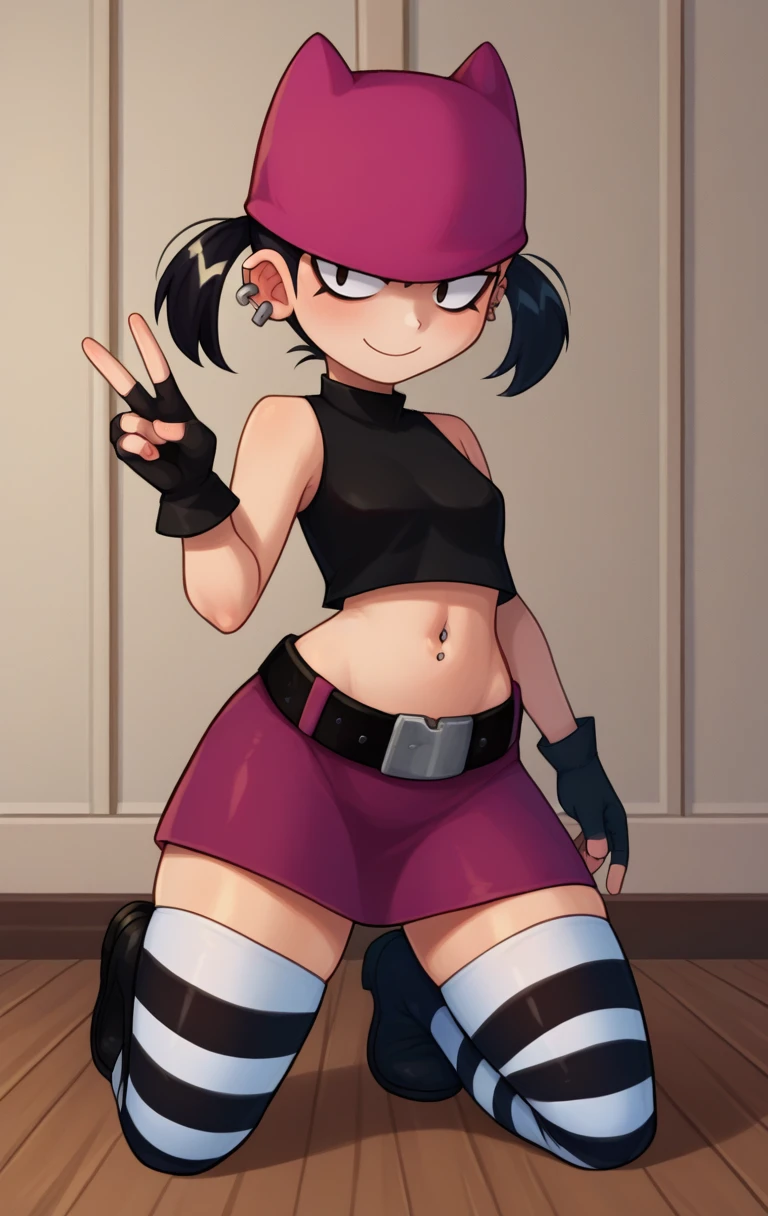 score_9,score_8_up,score_7_up BREAK <lora:TiffCrust:1>,TiffCrustSDXL,1girl,solo,skirt,black hair,thighhighs,gloves,hat,navel,twintails,jewelry,earrings,sleeveless,black gloves,midriff,striped,belt,miniskirt,fingerless gloves,zettai ryouiki,crop top,piercing,short twintails,ear piercing,striped thighhighs,cowboy shot,room,room background,kneeling,v,