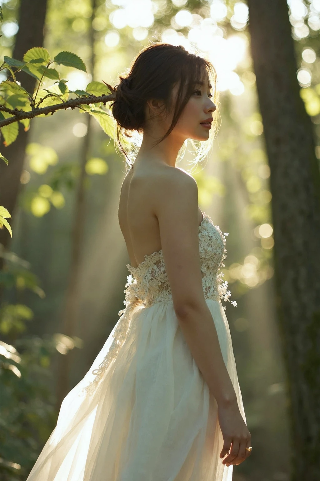 medium full shot of beautiful japanese girl in tattered wedding dress, inside forest with sun lights through leaves, dslr,  high quality, light reflections, pale skin, detailed skin,<lora:flux_realism_lora:1>, . <lora:makinaflux_ishiharasatomi_v1.0.S:1>