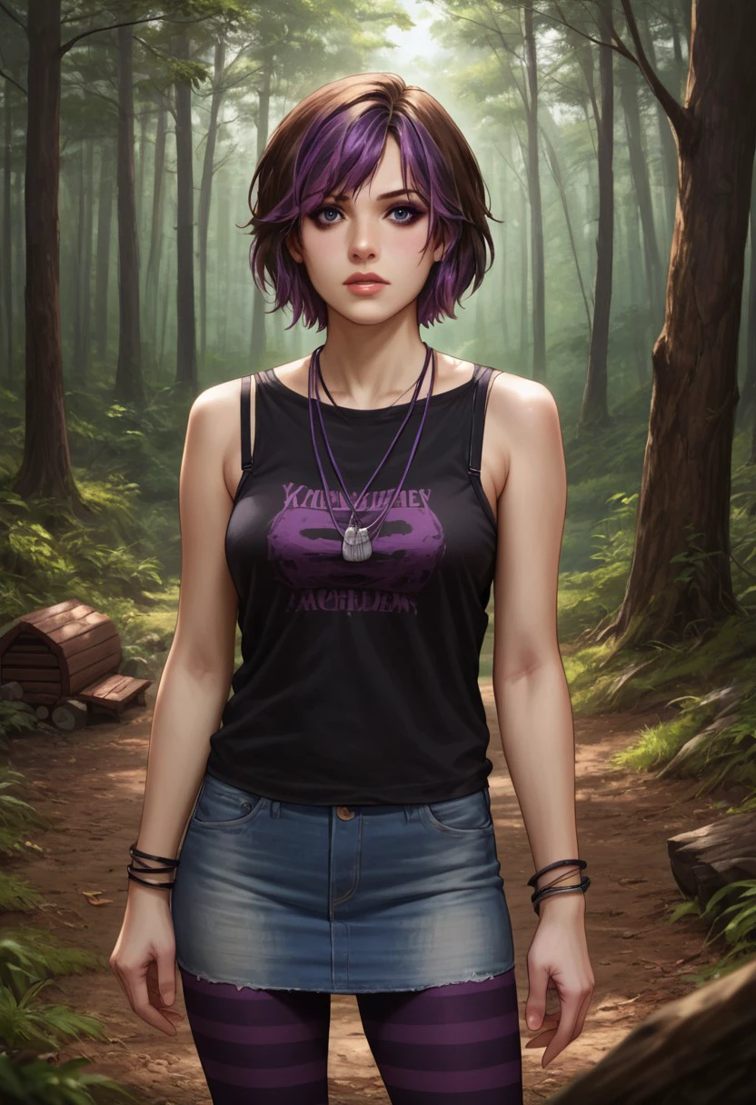 score_9, score_8_up, score_7_up, score_6_up, source_realistic, cowboy shot, BREAK 1girl, solo, ajmason, short hair, two-tone hair, purple hair, brown hair, makeup, tank top, bra strap, necklaces, bracelets, denim skirt, striped leggings, forest, cabin,