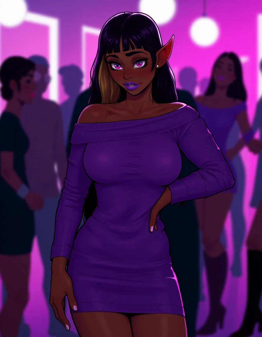 inc4seflux style, a dark-skinned woman with black hair streaked with blonde highlights and purple eyes. She has purple lipstick and nail polish on, and  is wearing a purple sweater dress with knee-high leather boots. She is standing in a club with neon lights. <lora:Incase_Style_old_-_Flux-000023:1>