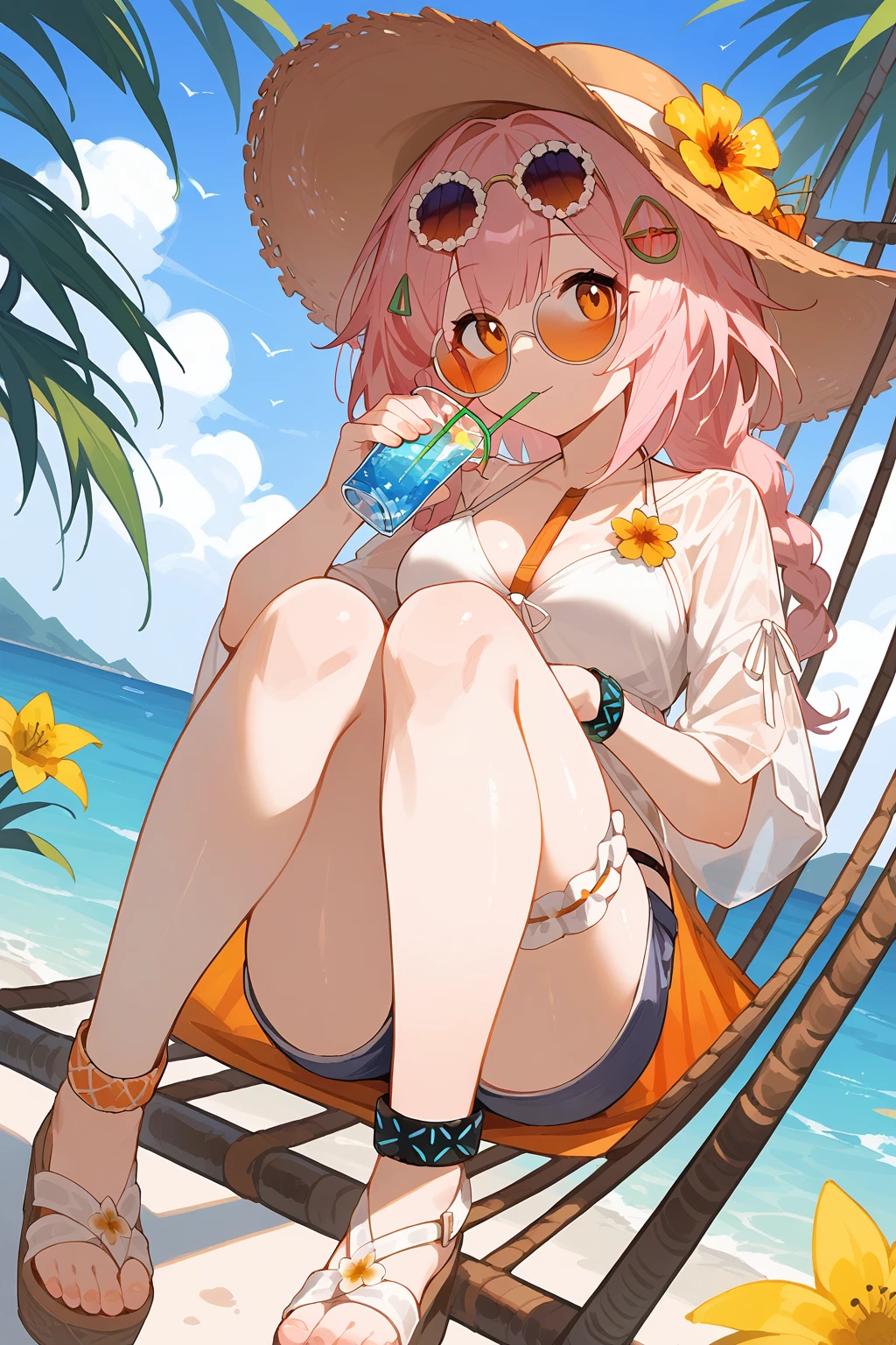 (score_9,score_8_up,score_7_up),<lora:Goldenglow(Arknights)-v1-000008:0.8>,goldenglow (arknights),1girl,pink hair,looking at viewer,solo,sandals,flower,drinking straw,hat,holding,swimsuit,breasts,bikini,outdoors,blue shorts,long hair,food,shorts,hair ornament,yellow eyes,water,day,cup,hammock,bangs,white bikini,official alternate costume,sunglasses,brown headwear,drinking glass,dutch angle,sitting,knees up,medium breasts,yellow flower,thigh strap,orange eyes,shirt,eyewear removed,braid,white shirt,full body,animal ears,bridal garter,hair flower,holding cup,drinking straw in mouth,
good feet,anime,NSFW,expressive,amazing quality,ultra hd 32k,