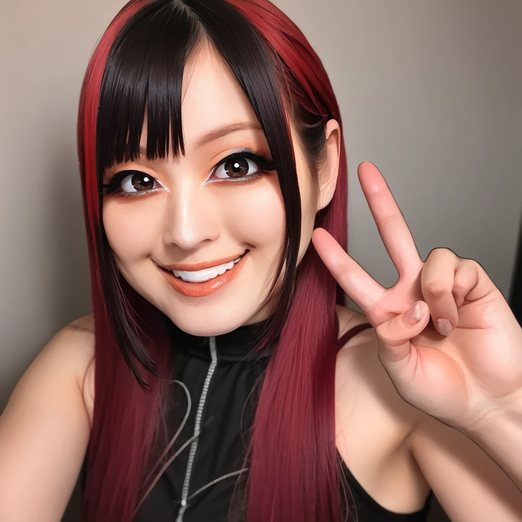 <lora:Pony_-_IYO_SKY:1>, 1yosky,1girl, black hair, v, solo, smile, looking at viewer, makeup, multicolored hair, black eyes, brown eyes, long hair, red hair