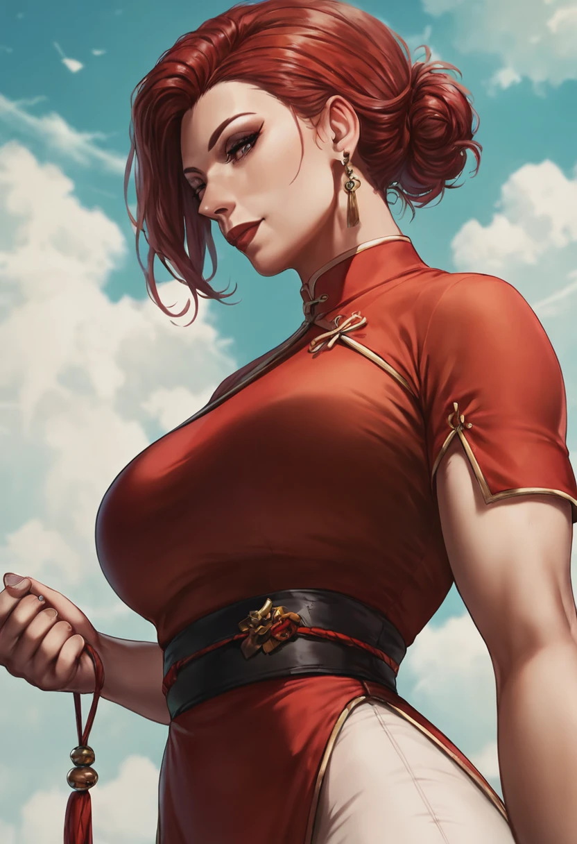 score_9, score_8_up, score_7_up, 1girl, mature_female, portrait, solo, Standing with one foot in front of the other, from_below, (Scarle chinese clothes), Red hair, profile, rating_safe, <lora:pony\artist_styles\dandon_fuga_pony:1.0>