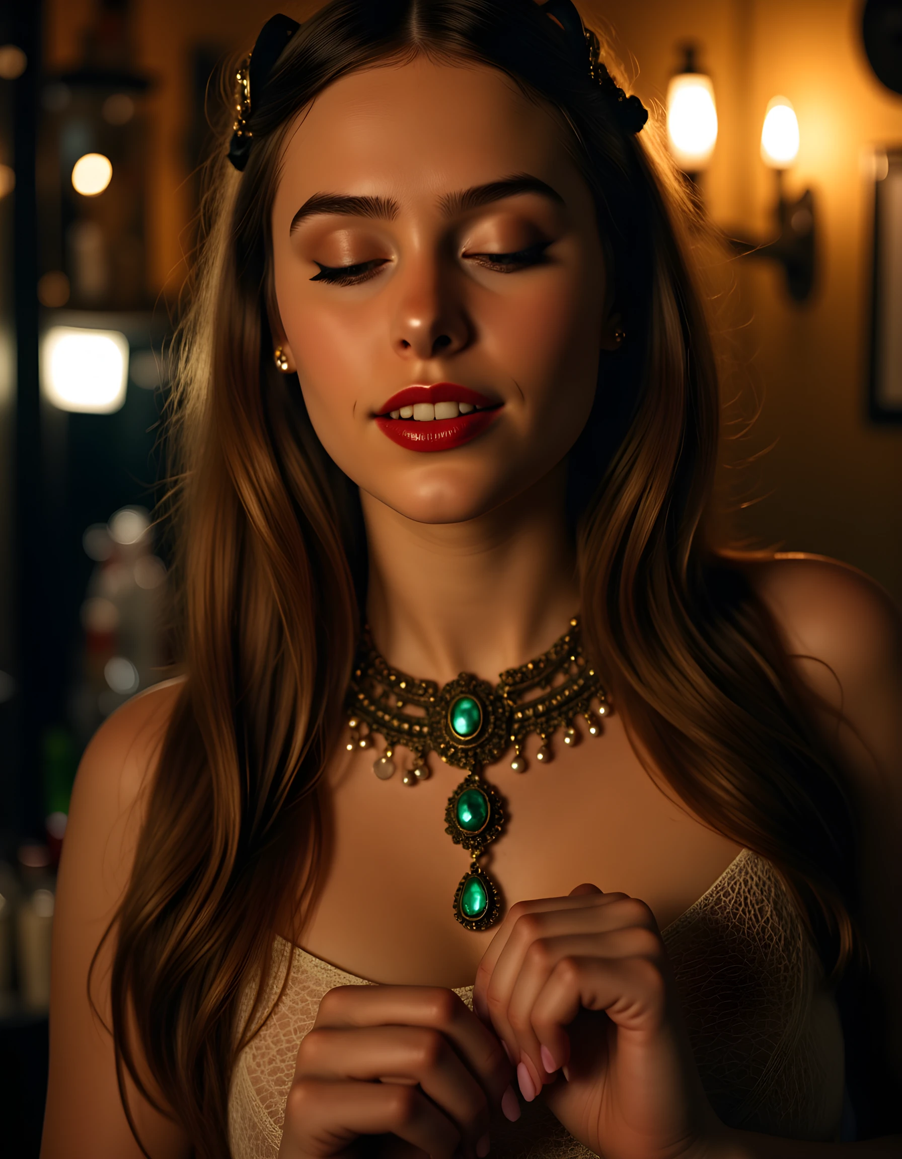 In a gritty, noir-inspired setting of dimly lit speakeasy, the captivating M414Z, with her striking brown hair cascading down to her waist, poses seductively with closed eyes, her long lashes framing her expressive, crimson lips that subtly glisten from a touch of cherry lipstick. Her teeth flash in a mysterious smile as she clutches an antique, ornate necklace adorned with a large, glowing emerald pendant between her fingers, the pearls catching the dim light and casting an ethereal glow upon her porcelain skin. The camera angles from below, capturing the intricate details of her elaborate jewelry and the delicate curve of her ruby lips, creating an enigmatic and alluring portrait that exudes both vulnerability and power in equal measure.