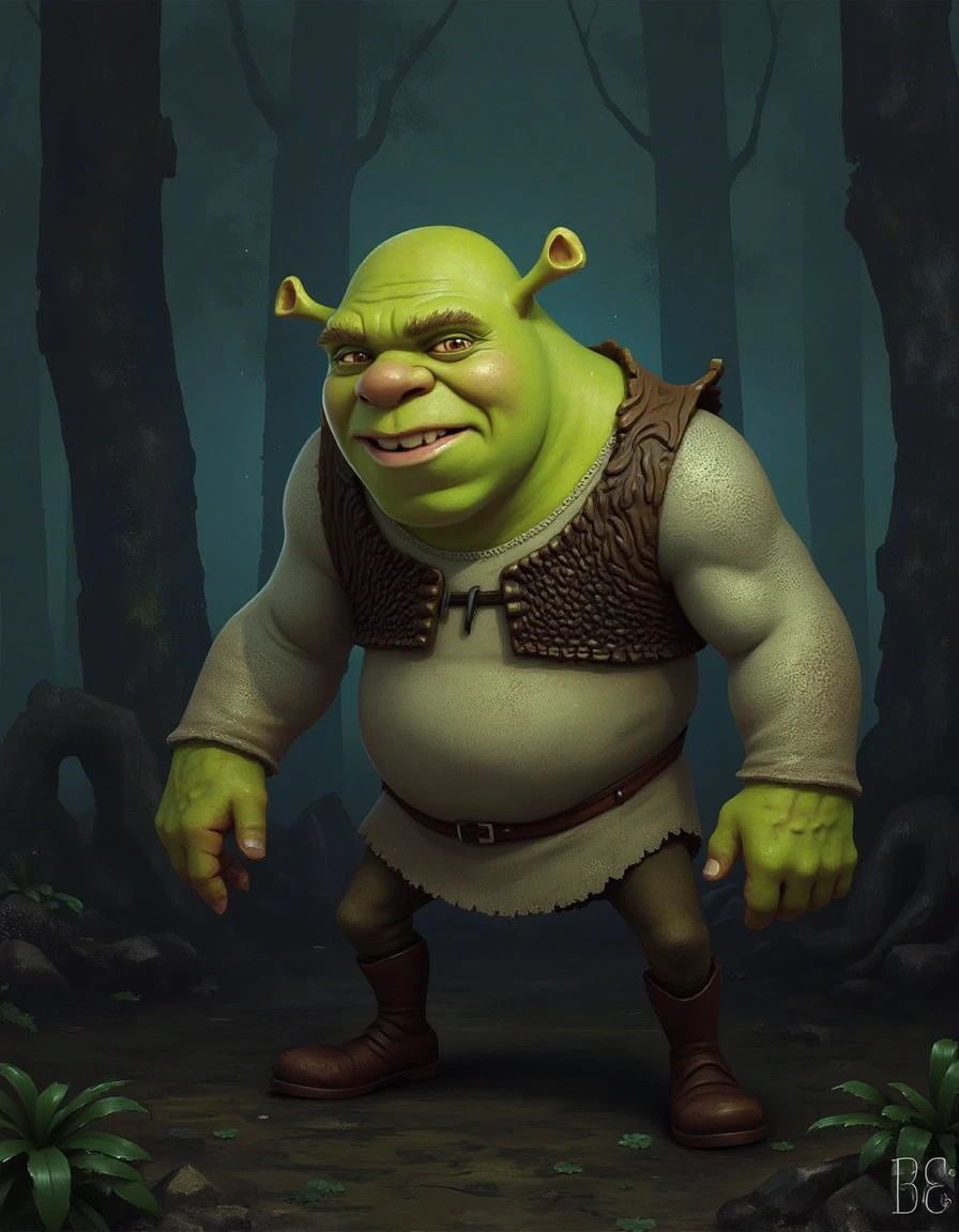 <lora:ishin-creatart-style-flux-000013:0.9> shrek , on the swamp, magic forest