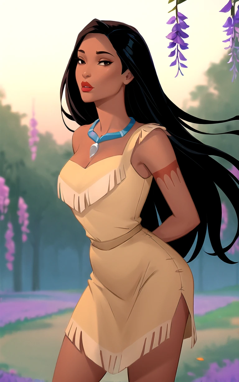 (masterpiece, best quality:1.4), insaneres, absurdres, solo, looking at viewer,BREAK 
MainOutfit_Pocahontas_ownwaifu, 
1girl, arm tattoo, black eyes, black hair, necklace, red lips, long hair, dark skin, dark-skinned female, breasts, lips, lipstick, makeup, very long hair, medium breasts, tattoo, collarbone, forehead, 
single strap, yellow dress, short dress, jewelry, bare shoulders, sleeveless, cleavage, strapless,  bare arms, native american, bare legs, tribal, sleeveless dress, strapless dress,
(leaning forward, arms behind back), cowboy shot, garden, wisteria, outdoors, <lora:CARTOON_PocaHontas_ownwaifu:0.85> , depth of field, solo,