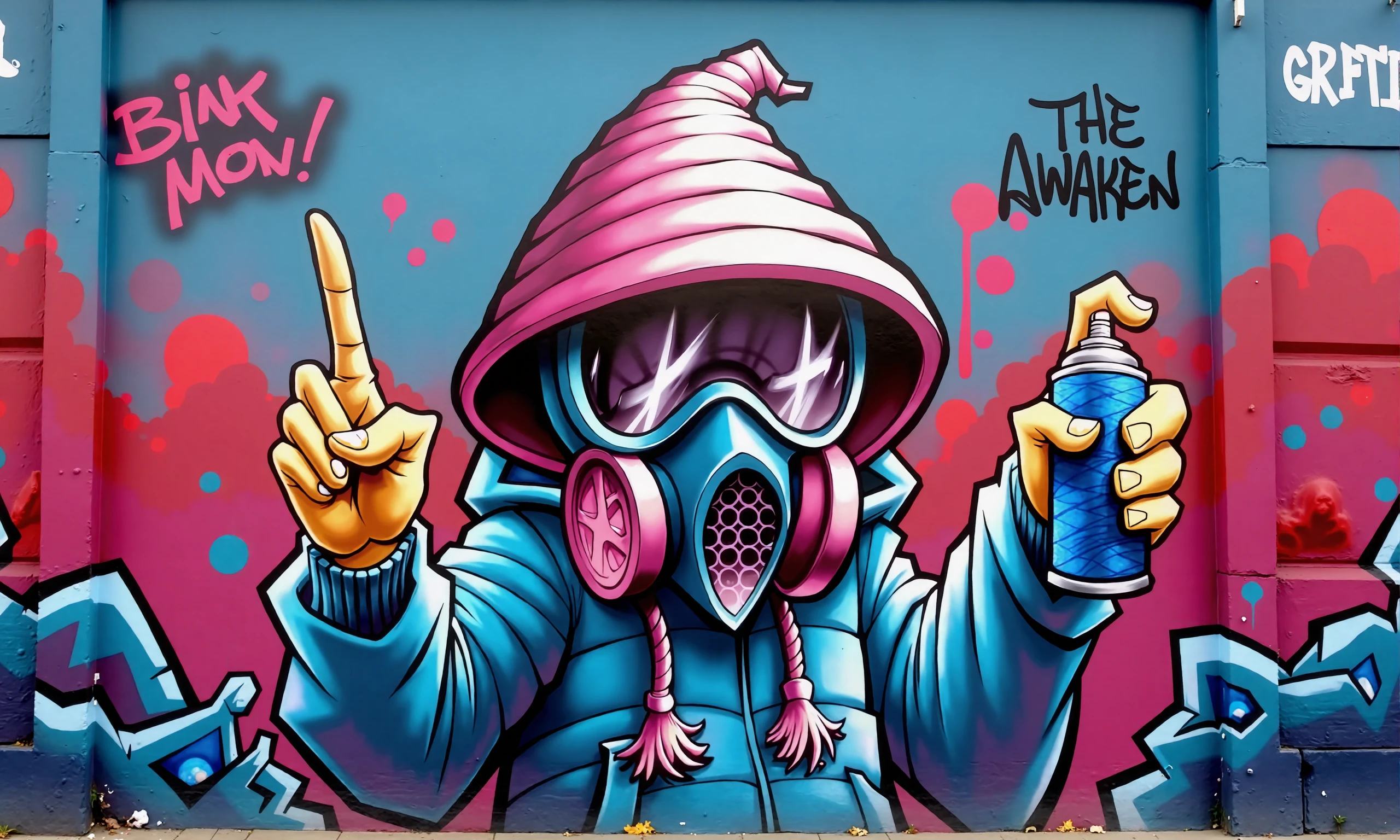 GRFTI Graffiti mural, predominantly blue, pink and red. A character wearing a hoodie and gas mask is depicted holding a spray can. The character is making a peace sign with one hand. The background includes abstract shapes and the text "The Awaken" The mural has a vibrant, cartoonish style with dynamic color contrasts