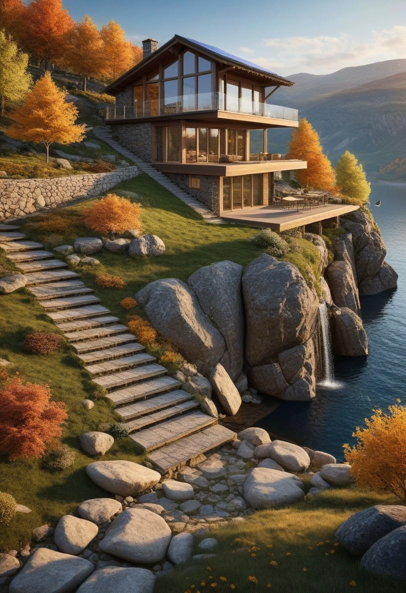 ultra-realistic image with high resolution and stable focus correct and accurate anatomy, correct and accurate objects, perfect detail, in the architectural style of a family house built of stone and wood merging with nature, designed for ecological neutrality of natural materials, in the mountains, forest ,garages,wide porch,outbuildings,table chairs,barbecue,fire pit,swimming pool,cut into the rocks,grass roof,steps,stone path,waterfall,lake,river,ultra realism,photo realism,single story,multi story,slope, wind generators,solar panels,sunset,birds in the sky,fairy golden autumn season,close up