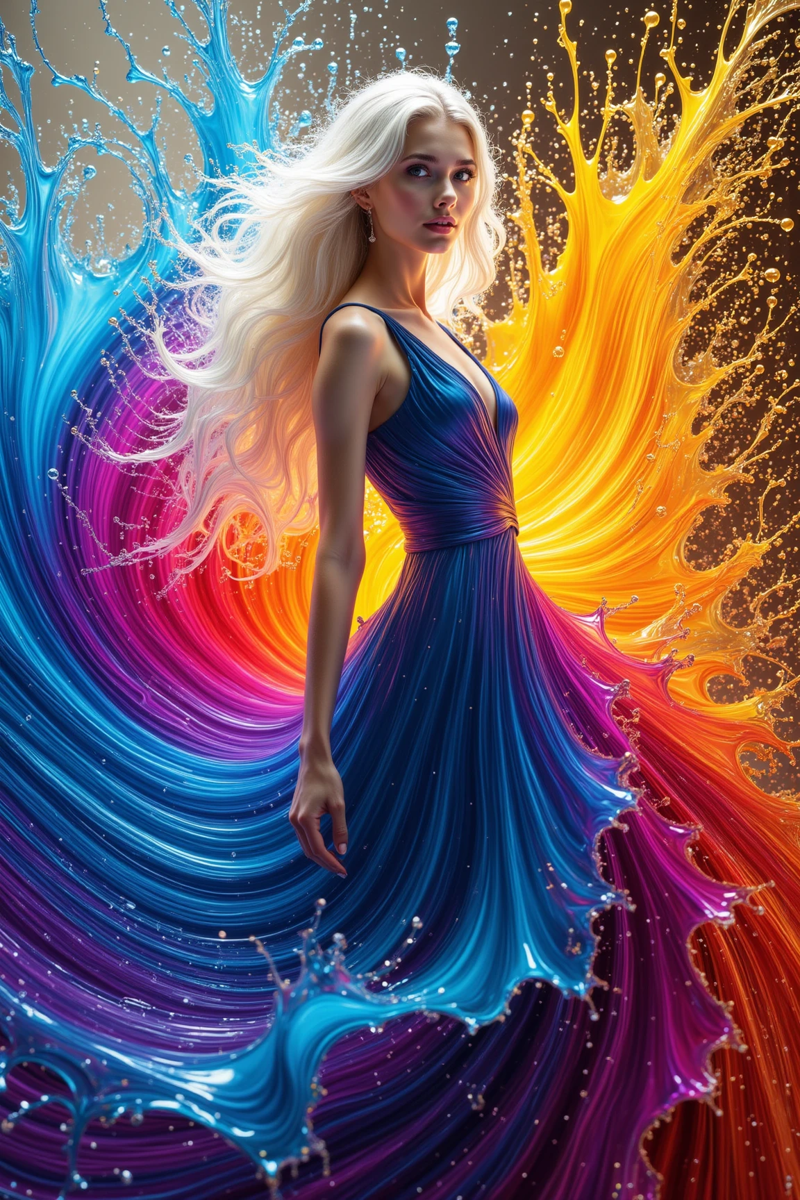 A striking Italian Isabella appears in a swirling burst of vibrant colors, her body seamlessly blending into an abstract flow of radiant hues. She wears a European form-fitting gown, the bodice an electric blue. Her platinum white, wavy hair cascades dramatically, entwined with the flowing energy of the scene, each strand catching the brilliant light. Her pose exudes grace and confidence, as her figure is embraced by a whirlwind of liquid-like reflective colors â fiery oranges and yellows to one side, and cool blues and purples to the other. Behind her, vibrant peacock-like shapes emerge from the vivid splash of metallic colors, their feathers swirling and merging with the liquid strokes, creating the illusion of a mystical bird in flight. The fluidity of the background contrasts with her sharply defined features, highlighting her serene expression with a faint smile and  porcelain  white skin. The composition radiates energy, with FLS style splashes of vivid metallic colors blending into one another in a digital painterly technique, creating dynamic motion and depth. The luminous palette, transitioning from warm to cool tones, enhances the dreamlike atmosphere, while the soft, flowing textures mimic the feeling of movement, as if the scene is alive with both fire and water, swirling in perfect harmony.
<lora:flux_fluffysplash_fls:1.0>