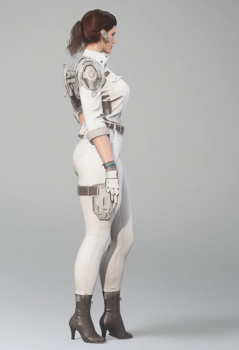 white pants, facing away, pants, handgun, gloves, weapon, brown hair, from side, upper body, cleavage, science fiction, looking at viewer, standing  <lora:Hailey_-_The_First_Descendant-09:1>, score_9, score_8_up, score_7_up,