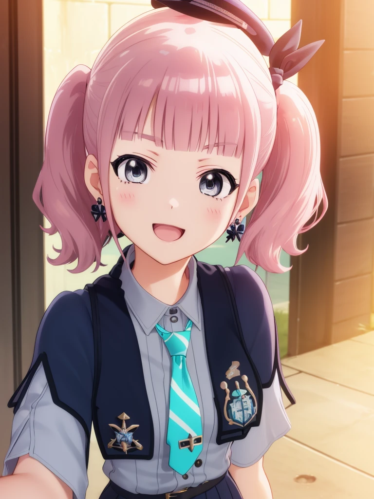 ((masterpiece)),(best quality),official art,extremely delicate and beautiful,extremely detailed CG,unity 8k wallpaper,ultra detailed,beautiful detailed eyes,extremely detailed face,outdoors,1girl,solo,upper body,(portrait:1.5),looking at viewer,facing viewer,smile,blush,Hina,mini hat,blue headwear,medium hair,pink hair,short twintails,hair ribbon,blue ribbon,earrings,sidelocks,blunt bangs,grey eyes,close mouth,blue jacket,cropped jacket,aqua necktie,striped necktie,short necktie,grey shirt,collared shirt,short sleeves,wristband,shirt tucked in,black belt,belt buckle,blue skirt,pleated skirt,frills,white socks,loafers,<lora:Hina(gbc):1.2>,