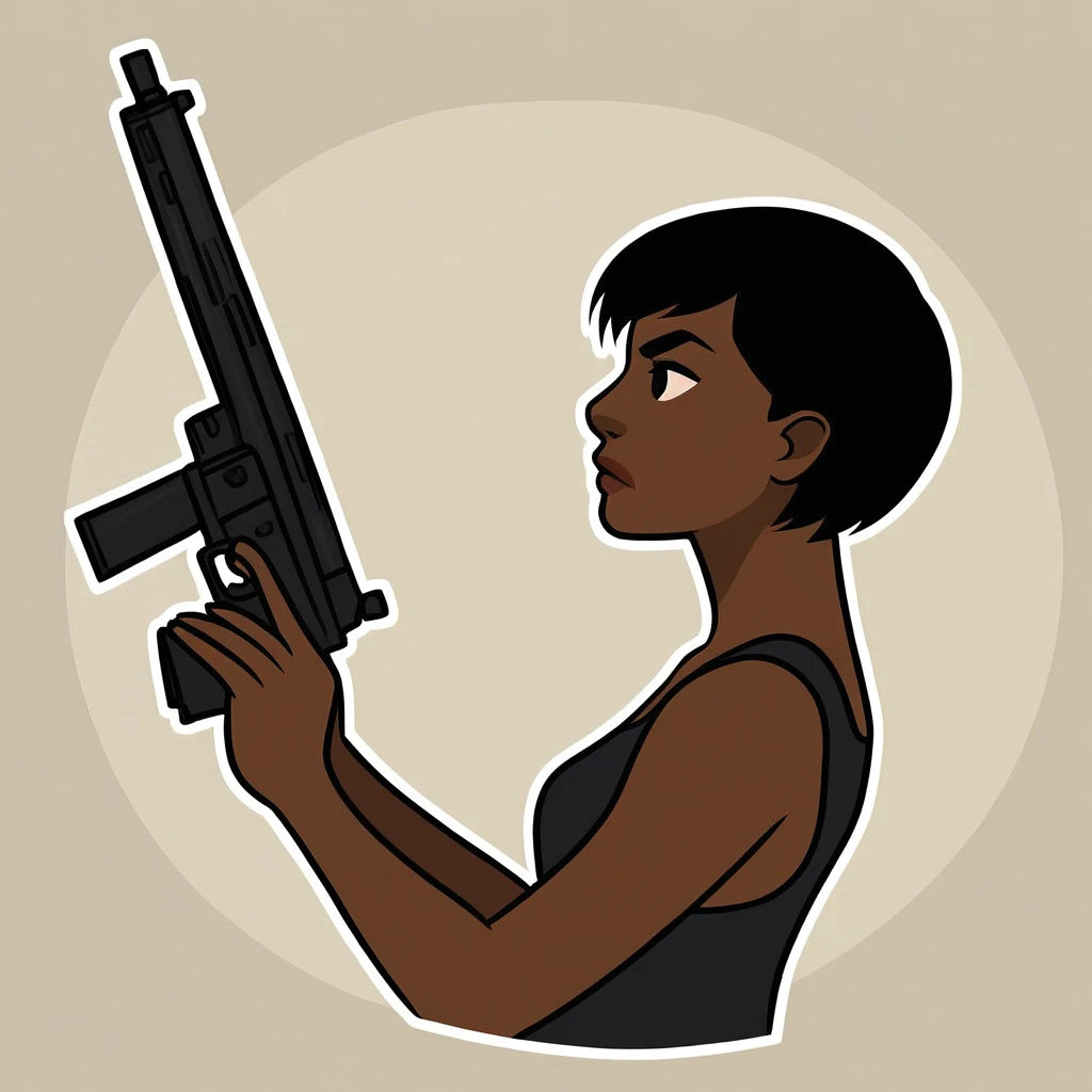 short hair, solo, gun, ass, looking to the side, dark skin, from side, tank top, uniform