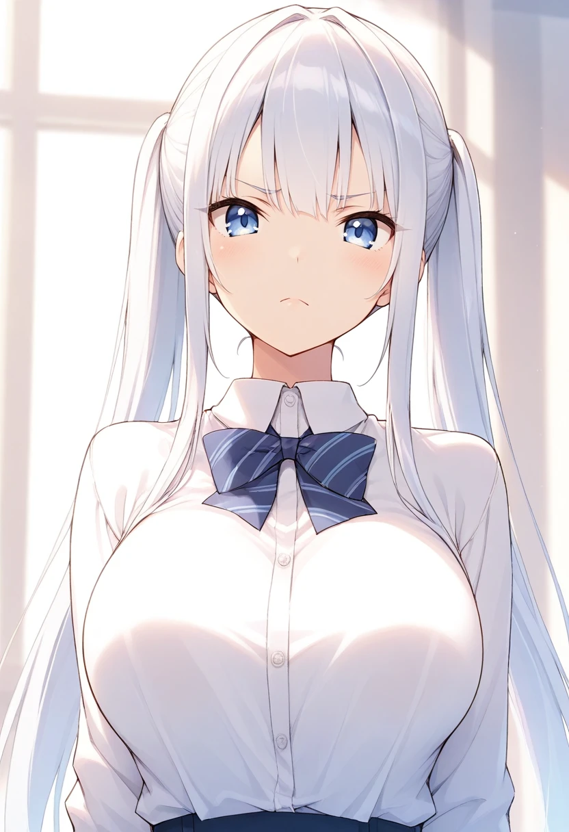 1girl,tall, 20yo
white hair, 
blue eyes,long hair, bangs, frown, bangs
large breasts,
solo, 
 <lora:SDXL_ori109_i:0.8>
school uniform, 
masterpiece,best_quality,