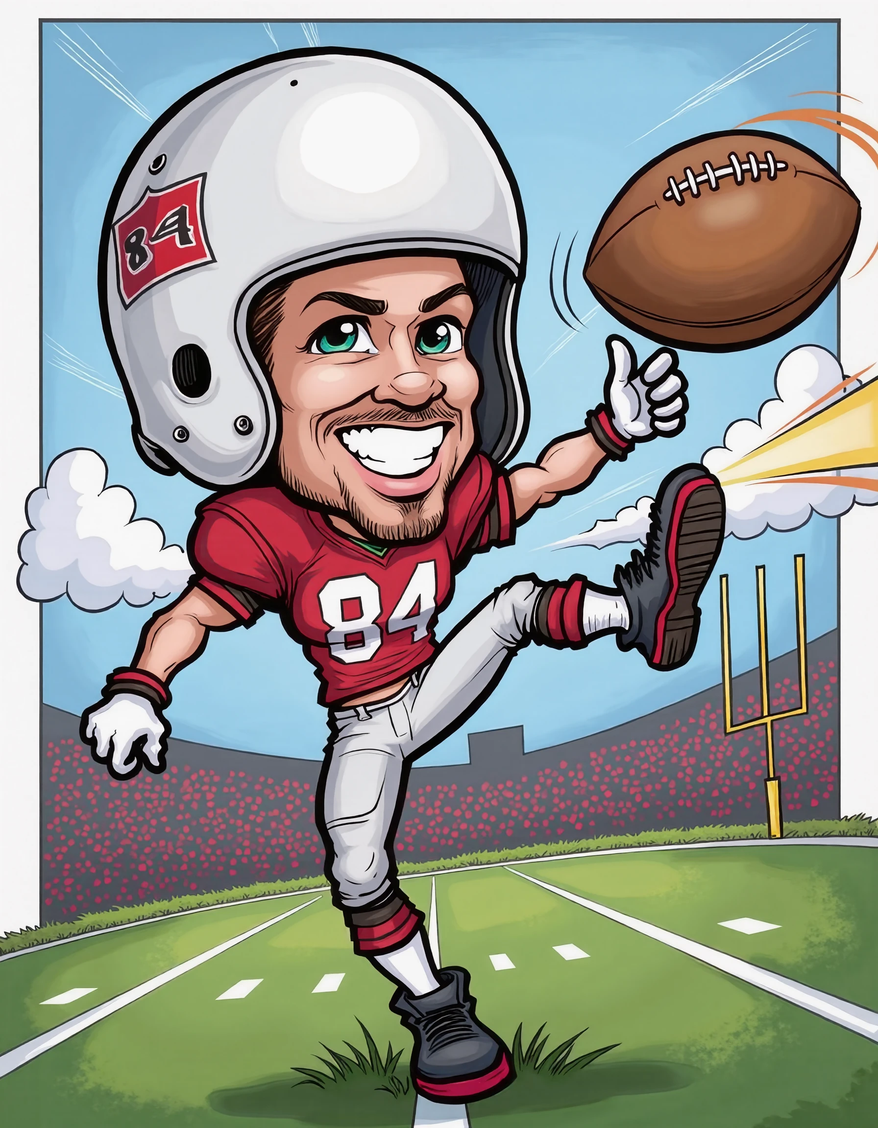 CCTUR3 Enthusiastic football player 'Spike 84' winds up for a powerful kick, his oversized helmet and exaggerated grin dominating the frame as he boots the ball with a comical 'THWACK!' His eyes are glued to the cartoonish football soaring through the air. The player's exaggerated muscular build is accentuated by his padded uniform, and his cleats dig into the turf as he follows through with his kicking motion. The background hints at a stylized football field with vibrant yard lines and goal posts,