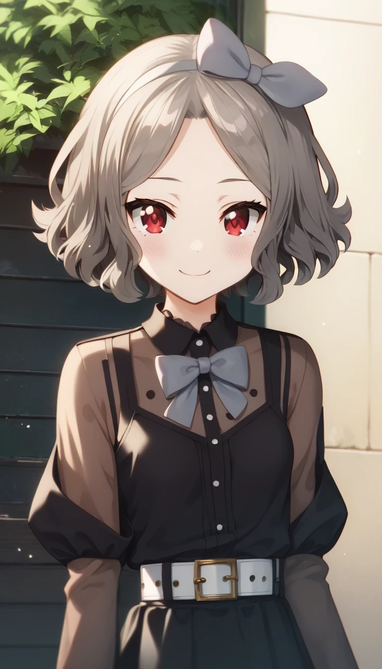 score_9,score_8_up,score_7_up,score_6_up BREAK official art,solo,outdoors,upper body,(portrait:1.5),looking at viewer,facing viewer,smile,blush,taut clothes,Tomo Ebizuka,wavy hair,grey hair,short hair,bow hairband,hair bow,grey bow,forehead,parted bangs,red eyes,collared dress,frilled dress,black dress,black bowtie,long sleeves,small breasts,white belt,zettai ryouiki,black thighhighs,loafers,black footwear,<lora:Tomo Ebizuka(gbc)-Pony:1.6>,