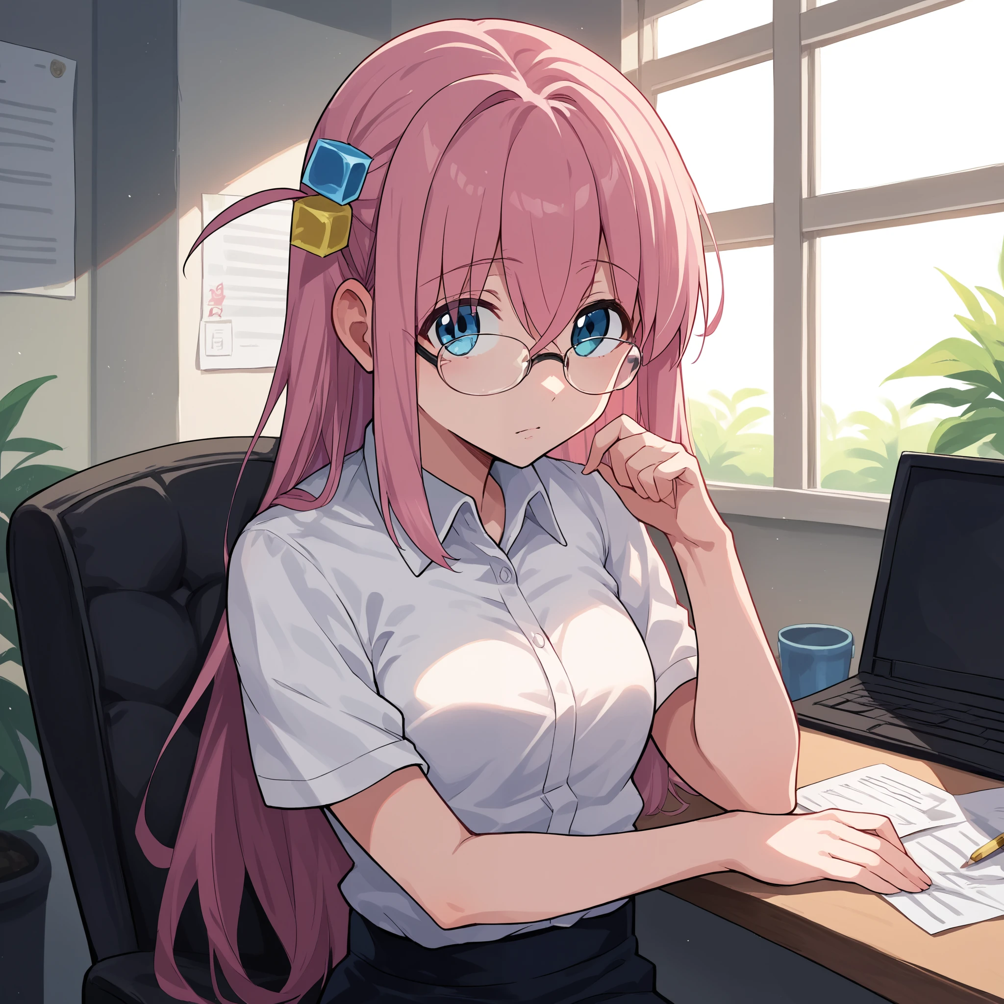 score_9, score_8_up, score_7_up, score_6_up, score_5_up, score_4_up, BREAK source_anime, look at viewer, rating_safe,  1girl, solo, masterpiece, best quality,  bocchidef, blue eyes, pink hair, long hair, cube hair ornament,  indoors, sitting, office chair, white shirt, collared shirt, pencil skirt, pantyhose, glasses, short sleeves, office lady,