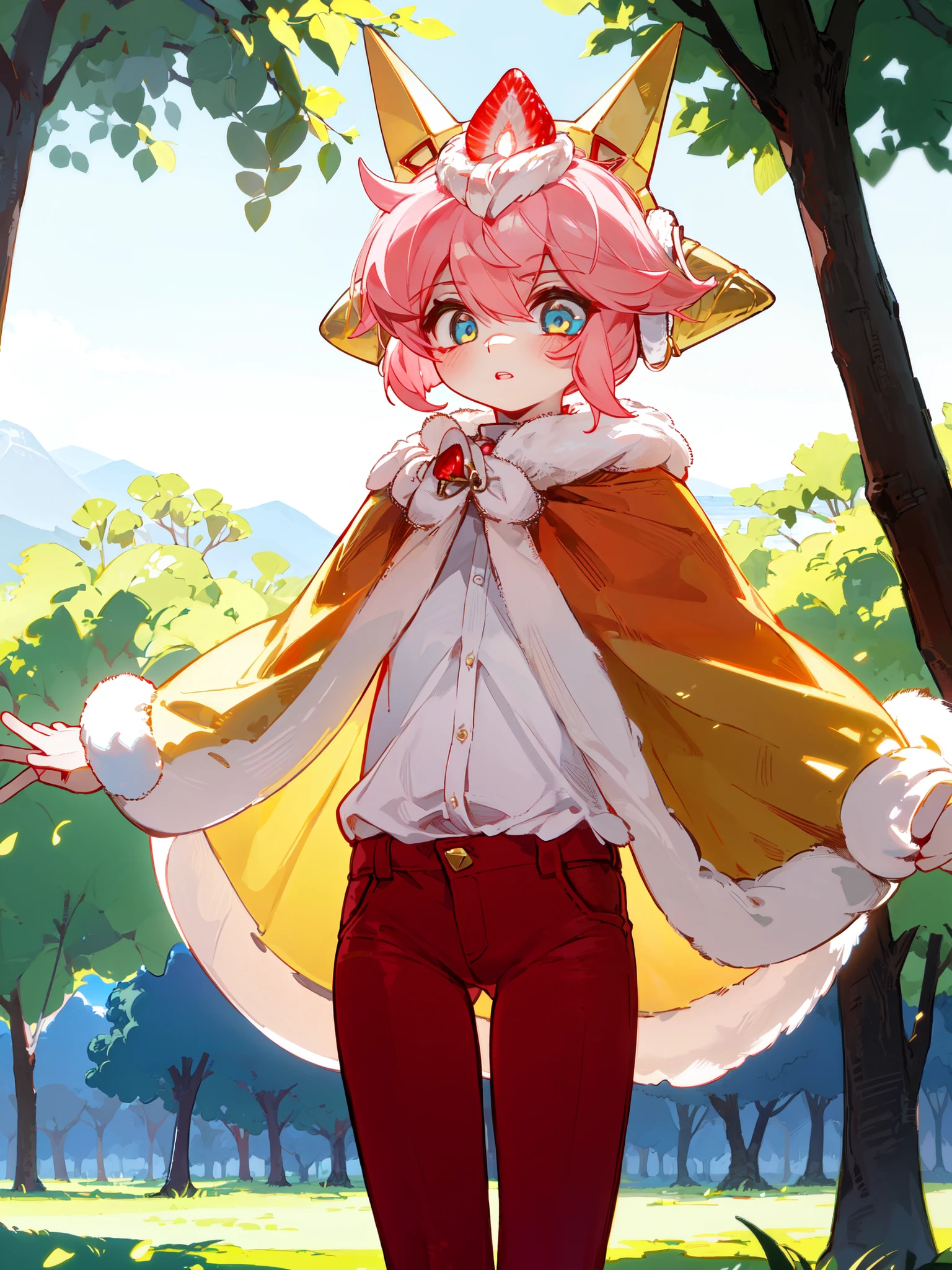 <lora:StrawCrepe5:0.7> SBCC, androgynous, short hair, fur-trimmed capelet, gold headgear, strawberry hair ornament, red pants, white shirt, outdoors, nature, field, sunlight, volumetric lighting, looking away, solo, dynamic pose, cowboy shot, outstretched arms, tree