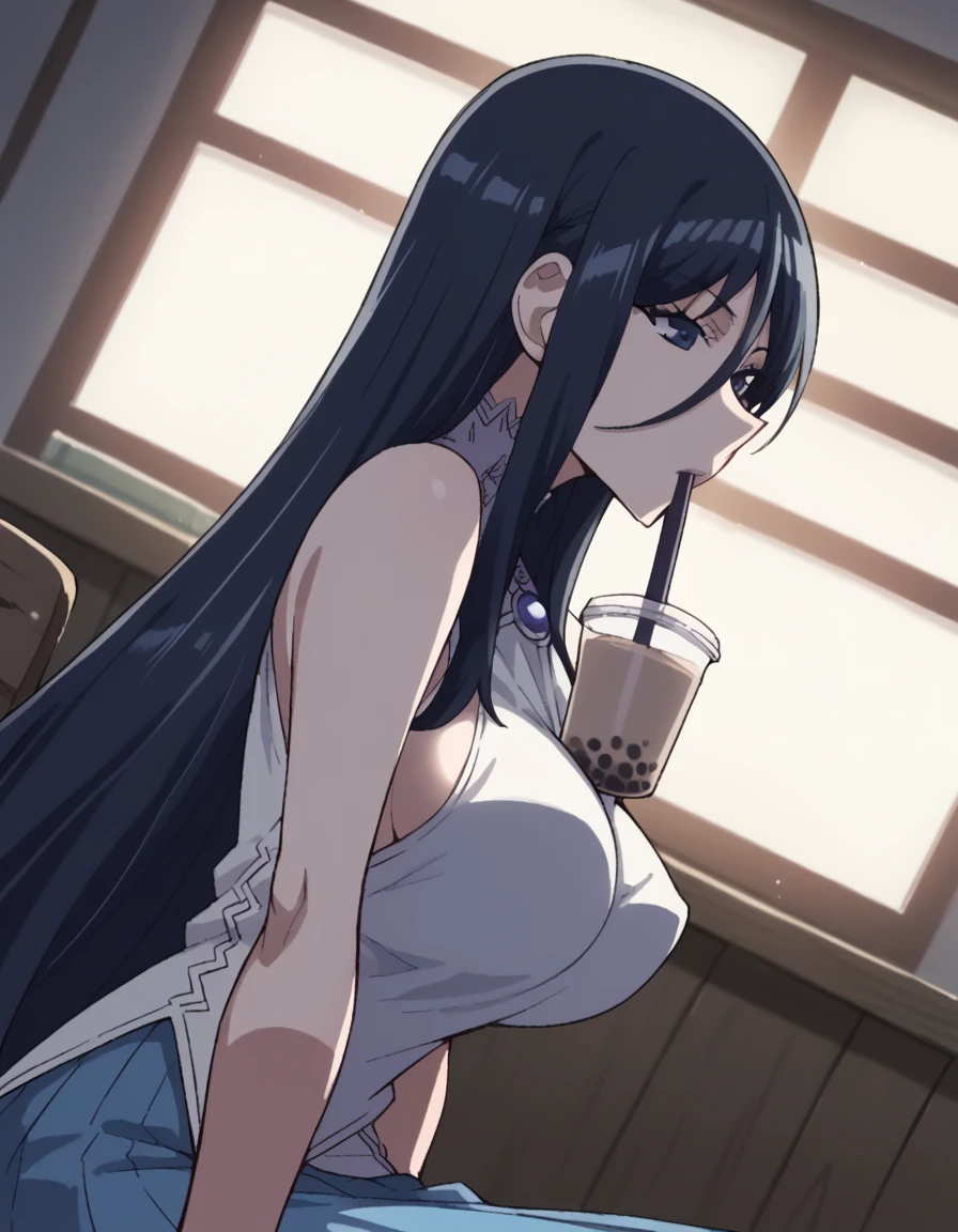 score_9, score_8_up, score_7_up, source_anime, <lora:misa-suzuhara-ova-ponyxl-lora-nochekaiser:1>, misa suzuhara, long hair, black hair, very long hair, hair between eyes, large breasts,, <lora:bubble-tea-challenge-ponyxl-lora-nochekaiser:1>, bubble tea challenge, bubble tea, object on breast, drinking straw, drinking straw in mouth, drinking, cup,, indoors, sitting, looking down, , dutch angle,