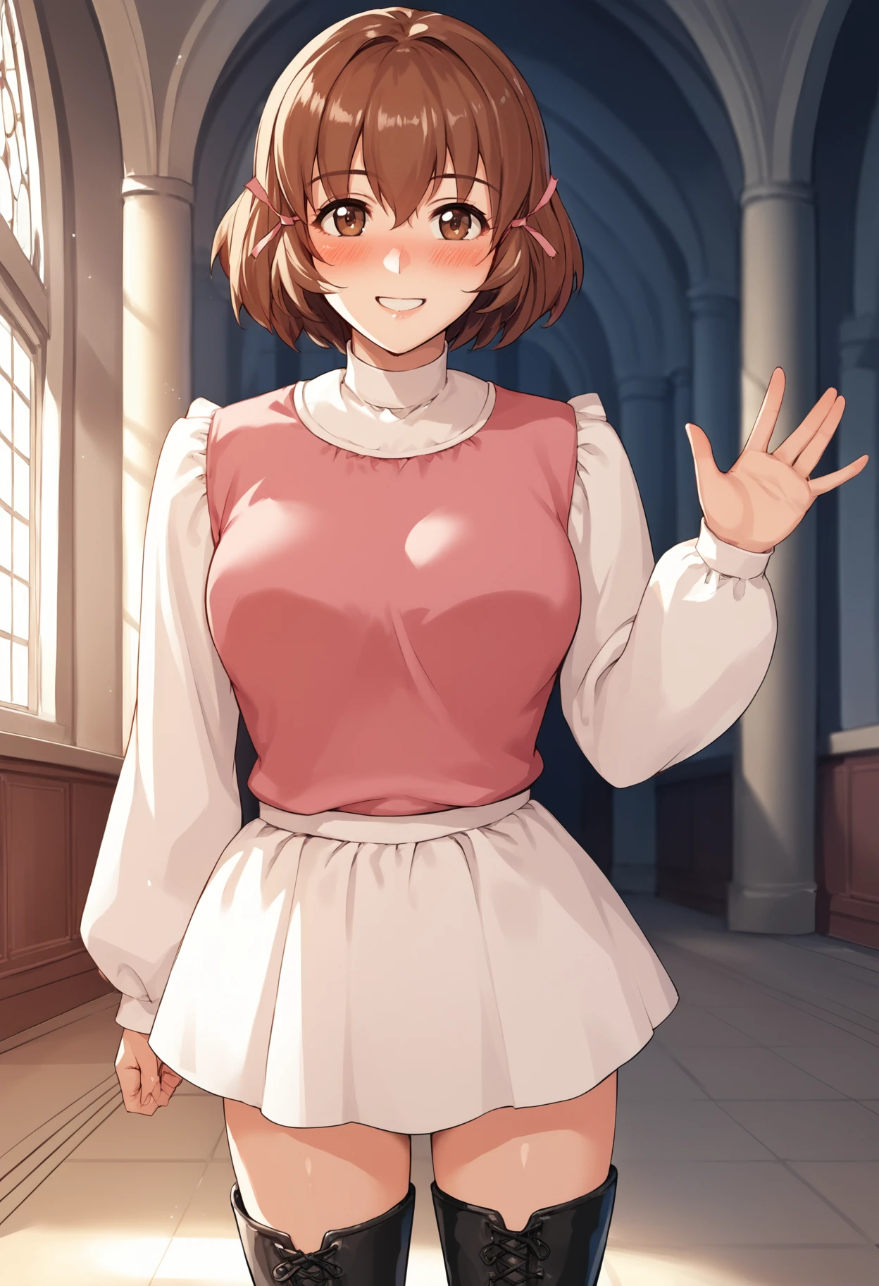 score_8_up, score_7_up, source_anime BREAK 1girl, solo,  <lora:minahakuba-sh-richy-v1_pdxl:1> minahakuba, brown eyes, brown hair, short hair, hair ribbon, pink ribbon, pink shirt, white sleeves, long sleeves, white skirt, black thighhighs, white thigh boots, smile, blush, looking at viewer, indoors, castle, standing, waving, breasts