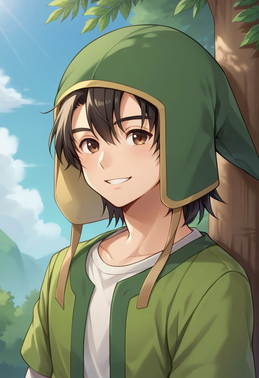 score_9, score_8_up, score_7_up, source_anime, highly detailed, 
herodq, 1boy, male focus, solo, black hair, hat, green headwear, brown eyes, shirt, white shirt, tunic, green tunic, layered sleeves, short over long sleeves, belt, upper body, smile,
outdoor, wood,  sky,