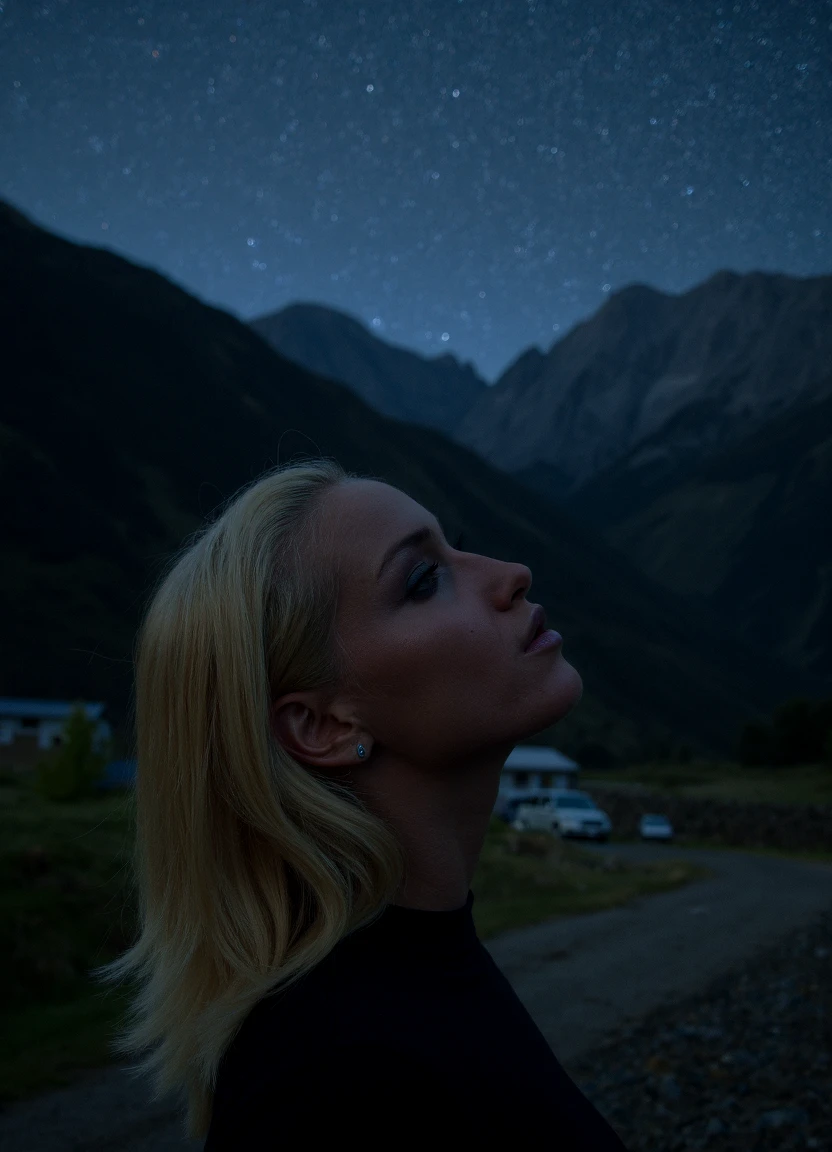 a highly detailed, sensual photograph of a blonde woman named k4th14. 
Her eyes are locked in a contemplative stare, deeply reflective. 
She channels '90s-inspired makeup with brown lips and frosted eyeshadow.  
She gazes up at the starry sky above the mountain village, the night calm and peaceful.  
Complete darkness with no visible light source creates an intense, foreboding atmosphere with no visibility. 