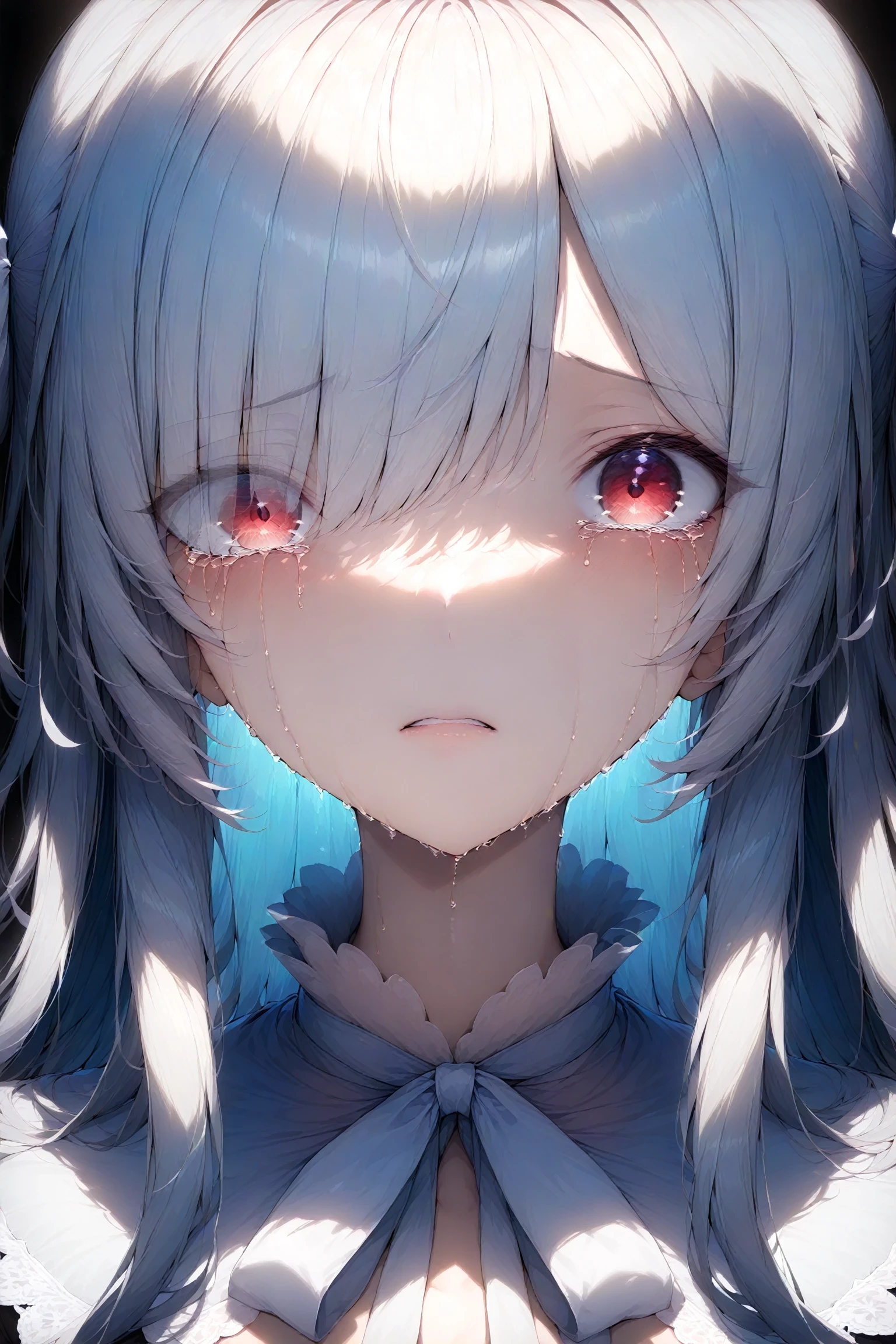 1girl, solo, black background, crying, crying with eyes open, eyes visible through hair, long hair, looking at viewer, neck ribbon, parted lips, portrait, red eyes, ribbon, tears, white hair, white ribbon, masterpiece, best quality