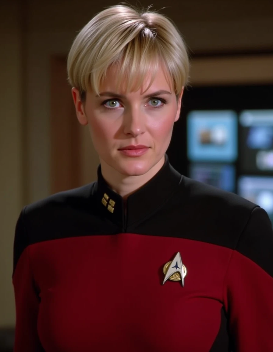 <lora:t8sh8y8r:1> A woman Tasha Yar, wearing her star trek uniform, with her short hair, exact likeness to Tasha Yar