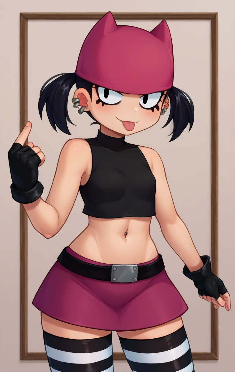 score_9,score_8_up,score_7_up BREAK <lora:TiffCrust:1>,TiffCrustSDXL,1girl,solo,skirt,black hair,thighhighs,gloves,hat,navel,twintails,jewelry,earrings,sleeveless,tongue,black gloves,midriff,striped,belt,miniskirt,fingerless gloves,zettai ryouiki,crop top,piercing,short twintails,ear piercing,striped thighhighs,cowboy shot,room,room background,