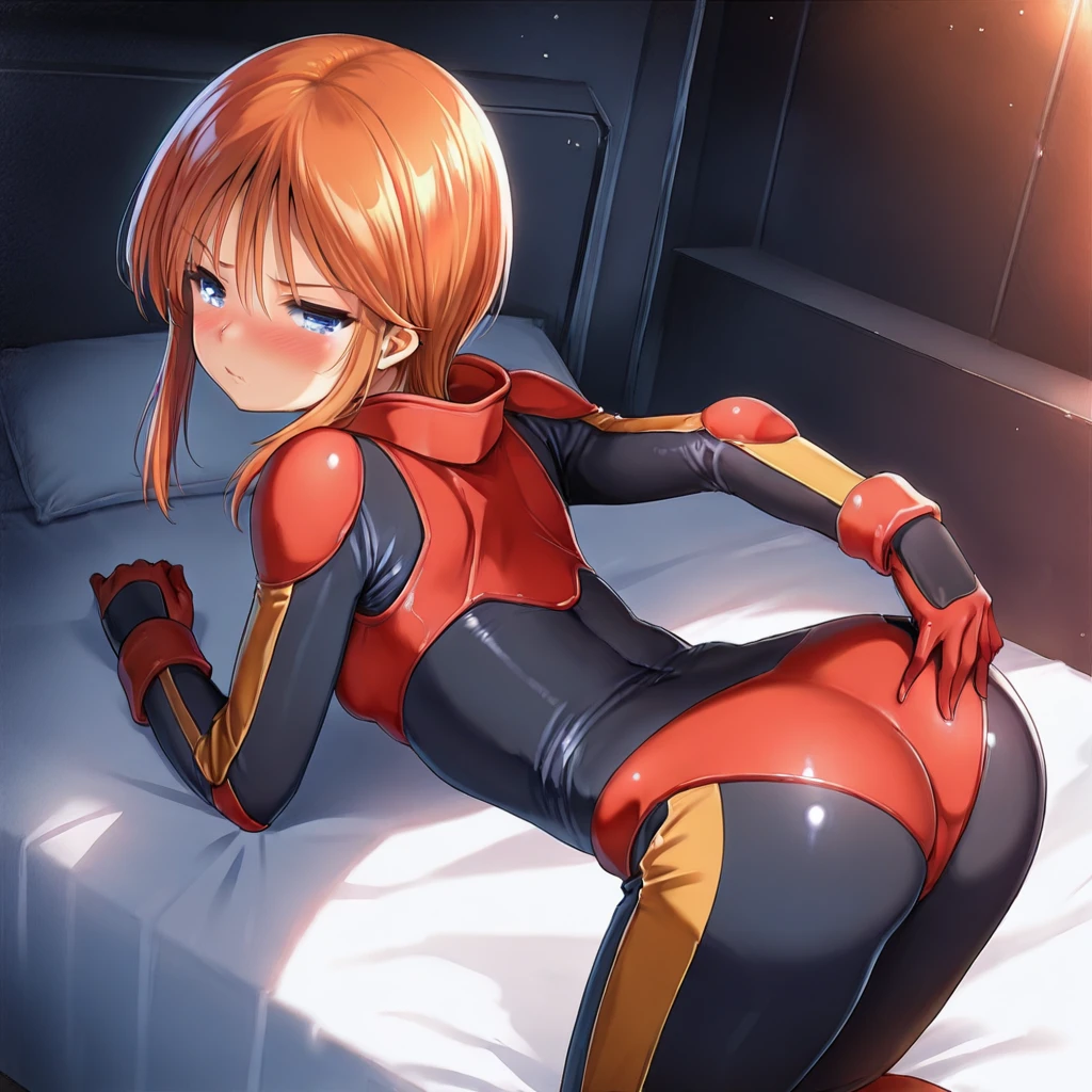 masterpiece, best quality, ultra detailed, highres, 1girl,solo, <lora:pletwo_ill:1> ple-two, orange hair, sidelocks, short hair, blue eyes, hair between eyes, bodysuit, pilot suit, skin tight, gloves,from behind,back focus,all fours,(hand on own ass),looking at viewer,looking back,dutch angle,on bed,spread ass,blush,glare,half-closed eyes,embarrassed,v-shaped eyebrows