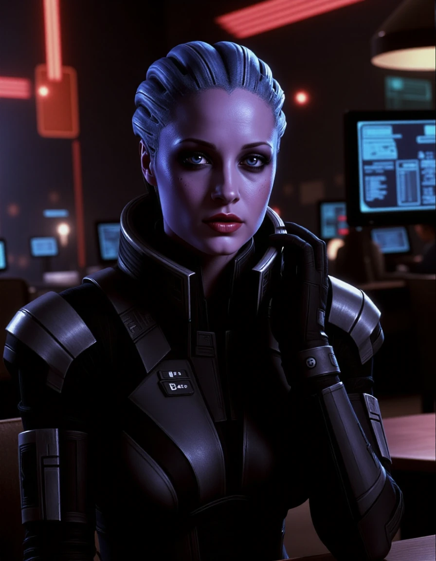 Liara T'Soni, romantica, sitting at the galaxy caffee, 
(LiaraTis:1.2), <lora:flux-lora-Liara_08:1.1>, <lora:flux-80s-cyberpunk:1>