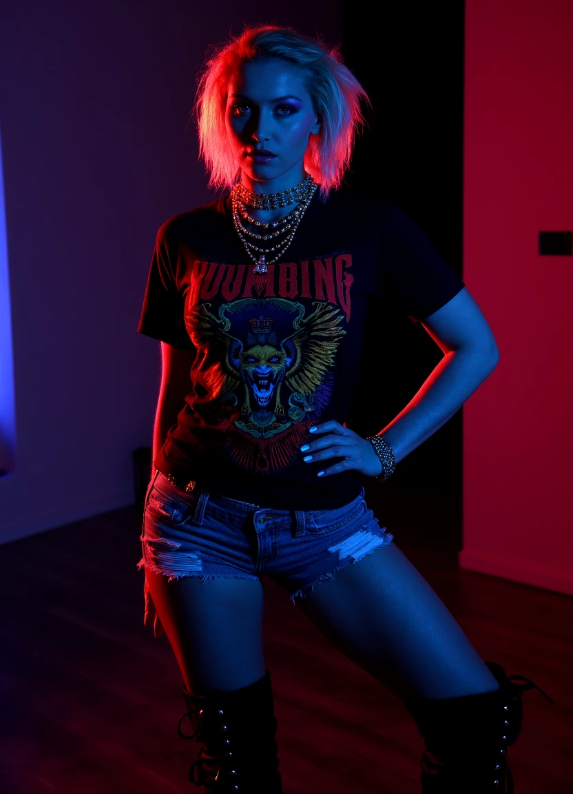 A high resolution photograph of a blonde mature woman named k4th14. She makes a statement with neon makeup, bright, glowing colors, and sharp lines. She rocks a black band tee with distressed denim shorts and studded boots, embracing a rock-and-roll aesthetic. Low-key lighting with strong contrasts and deep shadows imparts a dramatic and intense mood to the scene. 