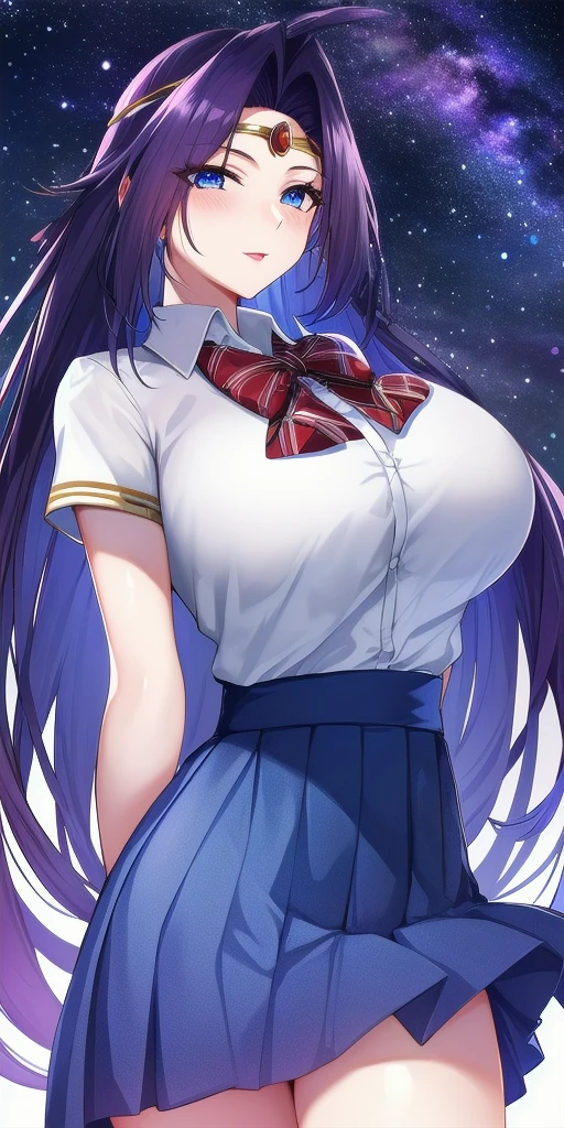 <lora:NagaV3:0.7> gracia_ul_naga_saillune, huge_breasts, standing, solo, arms_behind_back, circlet, starry_sky,  school_uniform, masterpiece, best_quality, detailed_face, detailed_eyes, highres, beautiful, detailed, absurdres,