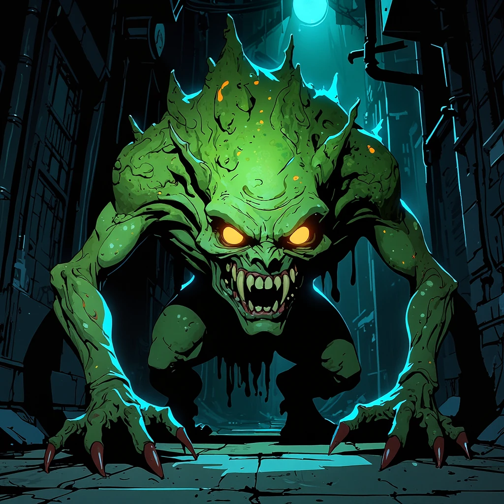 animeniji, anime, niji, 2D flat anime, NijiCreature, (off-center composition, dynamic left aligned composition), A grotesque monster with multiple eyes and sharp claws lurks in a dark alleyway, illuminated by flickering neon lights. Its skin is a sickly green, and it has jagged teeth that glisten menacingly. The atmosphere is tense, with shadows dancing around it, hinting at unseen horrors.