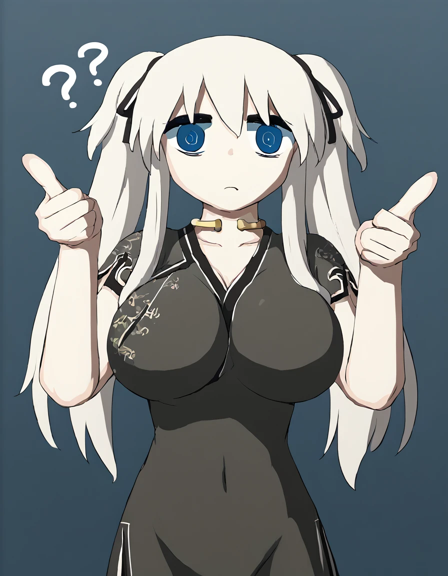 Confused expression,  Pointing enthusiastically 
 <lora:Nao_Mabinogi:1> na0m4bi, 1girl, solo, blue eyes, large breasts, twintails, long hair, white hair, china dress, hair ribbon
 <lora:avogado6__-_ã¢ãã¬ã6_style:1.2> avogado6 style