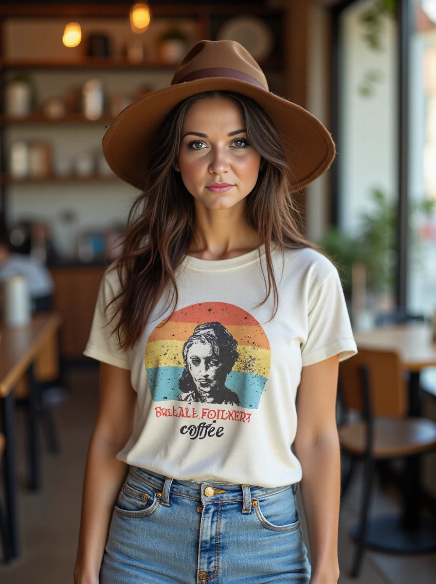 portrait photo of a cute dressed woman, wearing an artsy coffee shop ensemble with high-waist mom jeans, a vintage graphic tee, and a pair of classic canvas sneakers, topped with a wide-brimmed hat. <lora:nikilora:1.2>