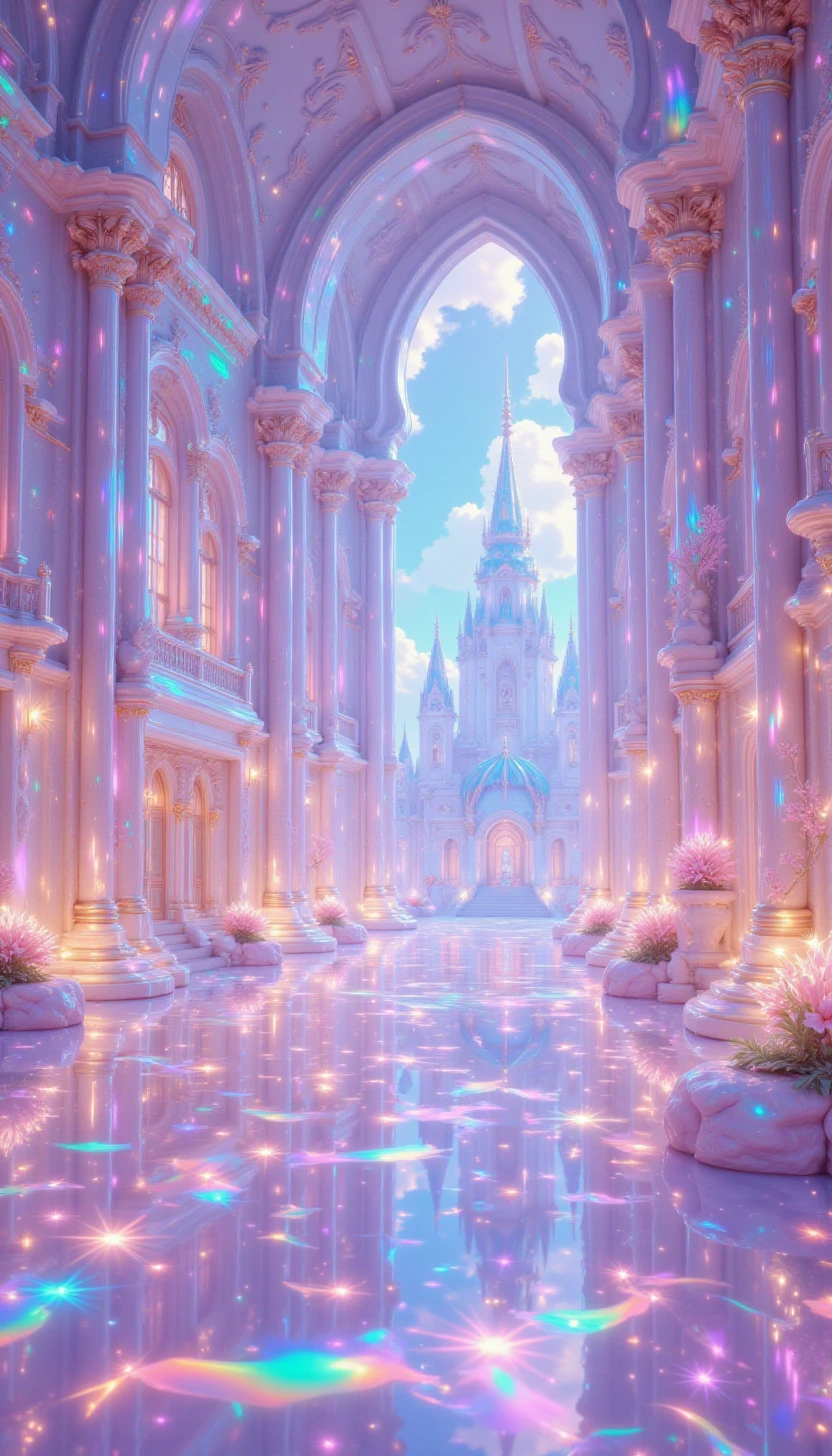 pinkiridescent, A grand palace made entirely of shifting, iridescent crystals, reflecting the light of a magical sky. Inside, the walls glow with rainbow hues, creating a dreamlike atmosphere. With text: "Iridescent Dreamer"