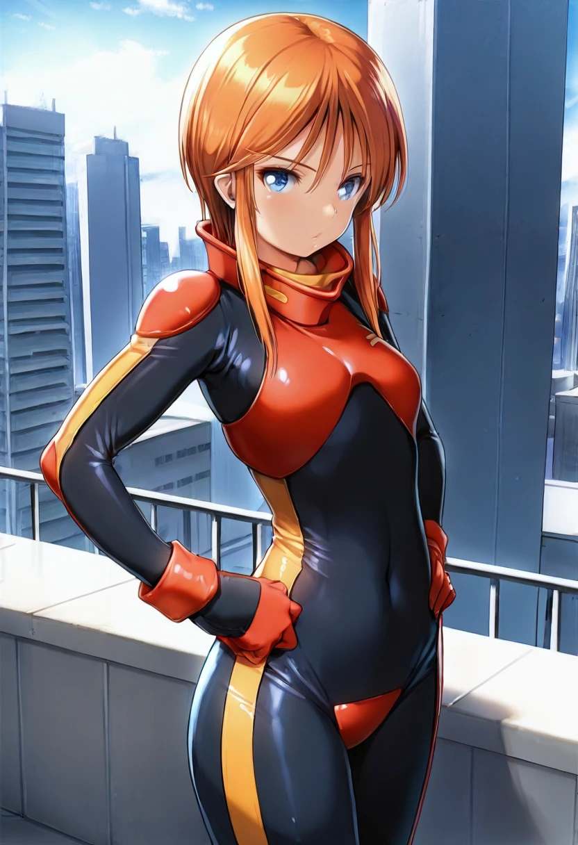 masterpiece, best quality, ultra detailed, highres, 1girl,solo, <lora:pletwo_ill:1> ple-two, orange hair, sidelocks, short hair, blue eyes, hair between eyes, bodysuit, pilot suit, skin tight, gloves,cowboy shot, standing,sky, rooftop, outside, building,(hands on own hips)