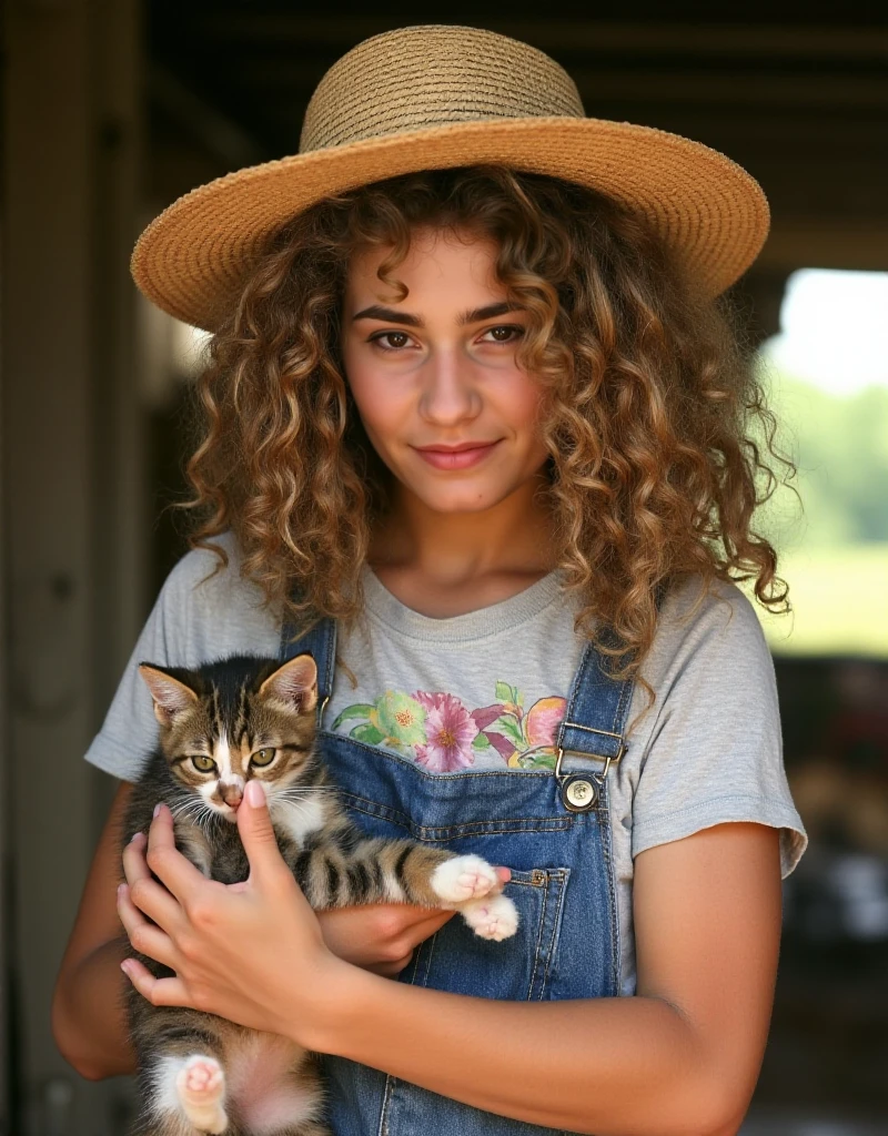 Draghixa, a woman with curly hair. She wears a tshirt and overalls and a strawhat at the farm. She is posing holding a cute kittend <lora:DraghixaV2:0.9>